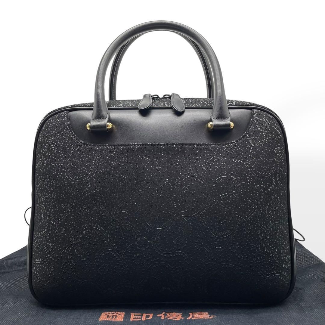 極美品 印傳屋 ハンドバッグ 鹿革 レザーバッグ 甲州印伝 漆模様 保存