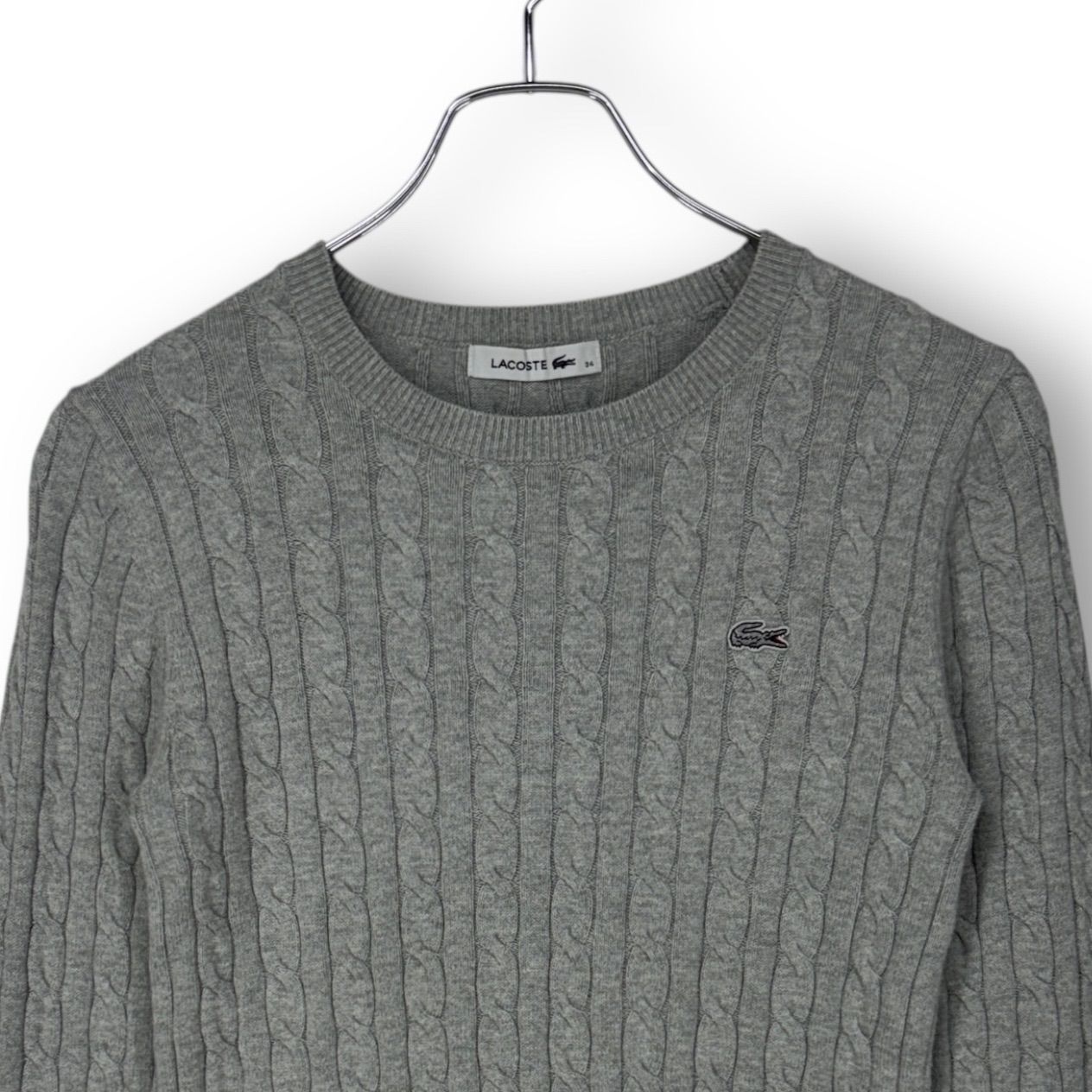 美品 ラコステ LACOSTE ケーブル編み コットンニットセーター グレー