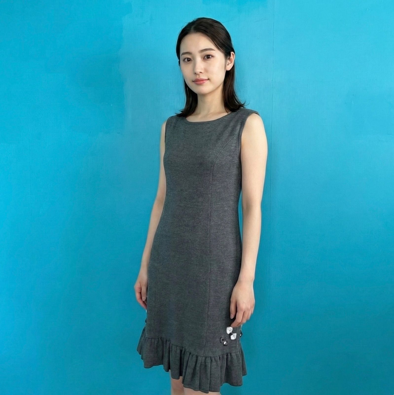 1362 René ルネ ウールニットワンピース リボン装飾 裾フリルグレー36