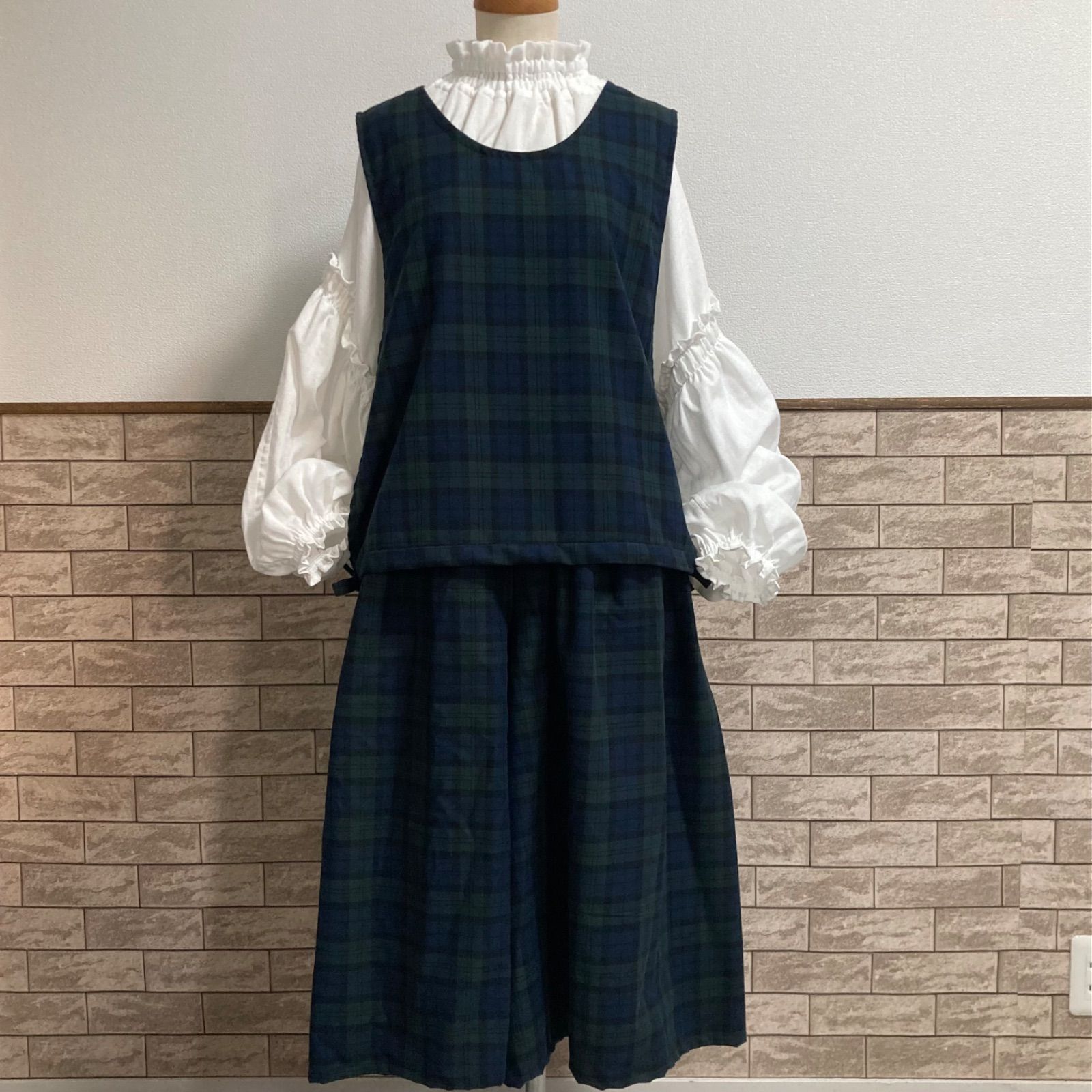 起毛生地▷サイドリボンベスト＆ギャザーパンツ セットアップ ブラックウォッチ