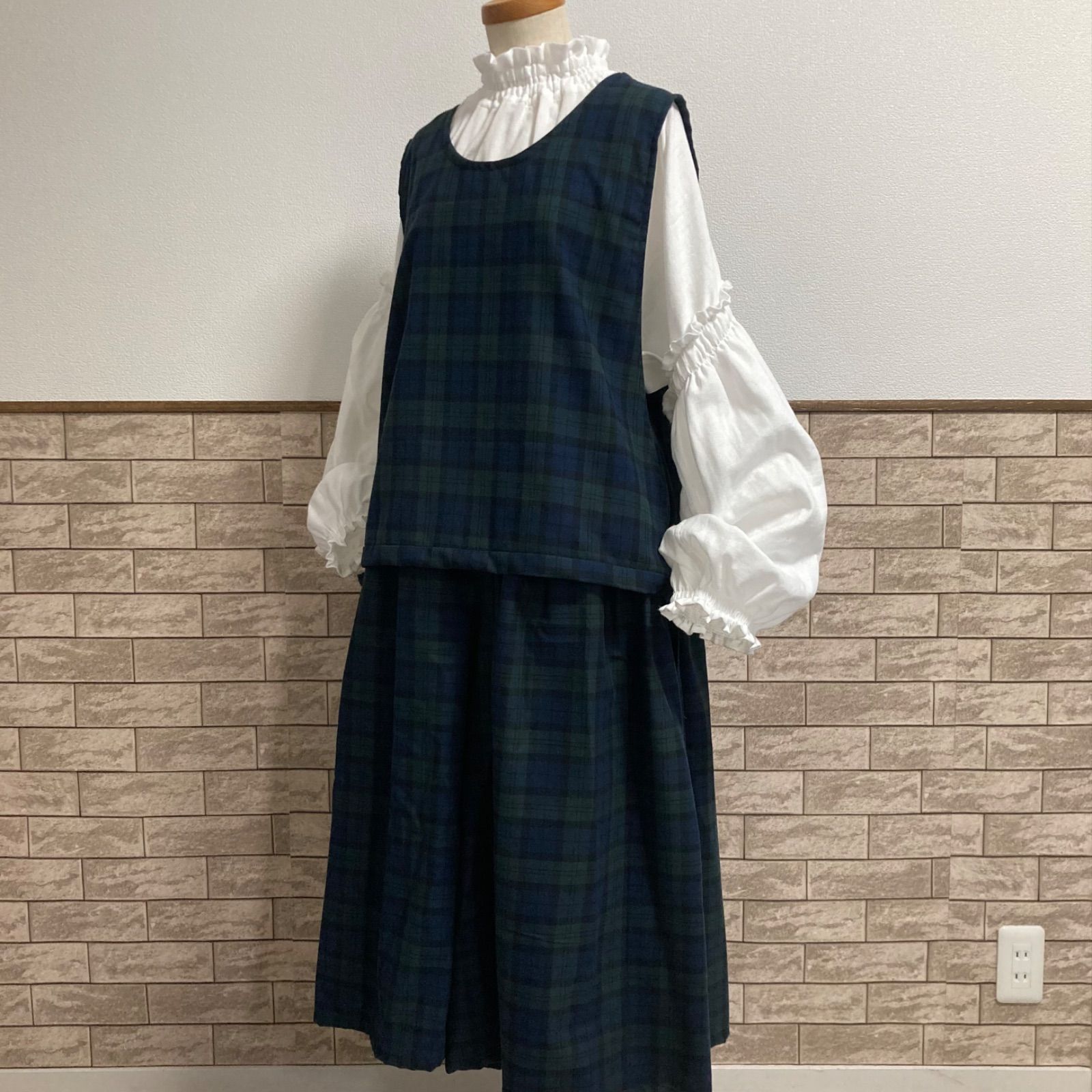  起毛生地▷サイドリボンベスト＆ギャザーパンツ セットアップ ブラックウォッチ セットアップ ファッション