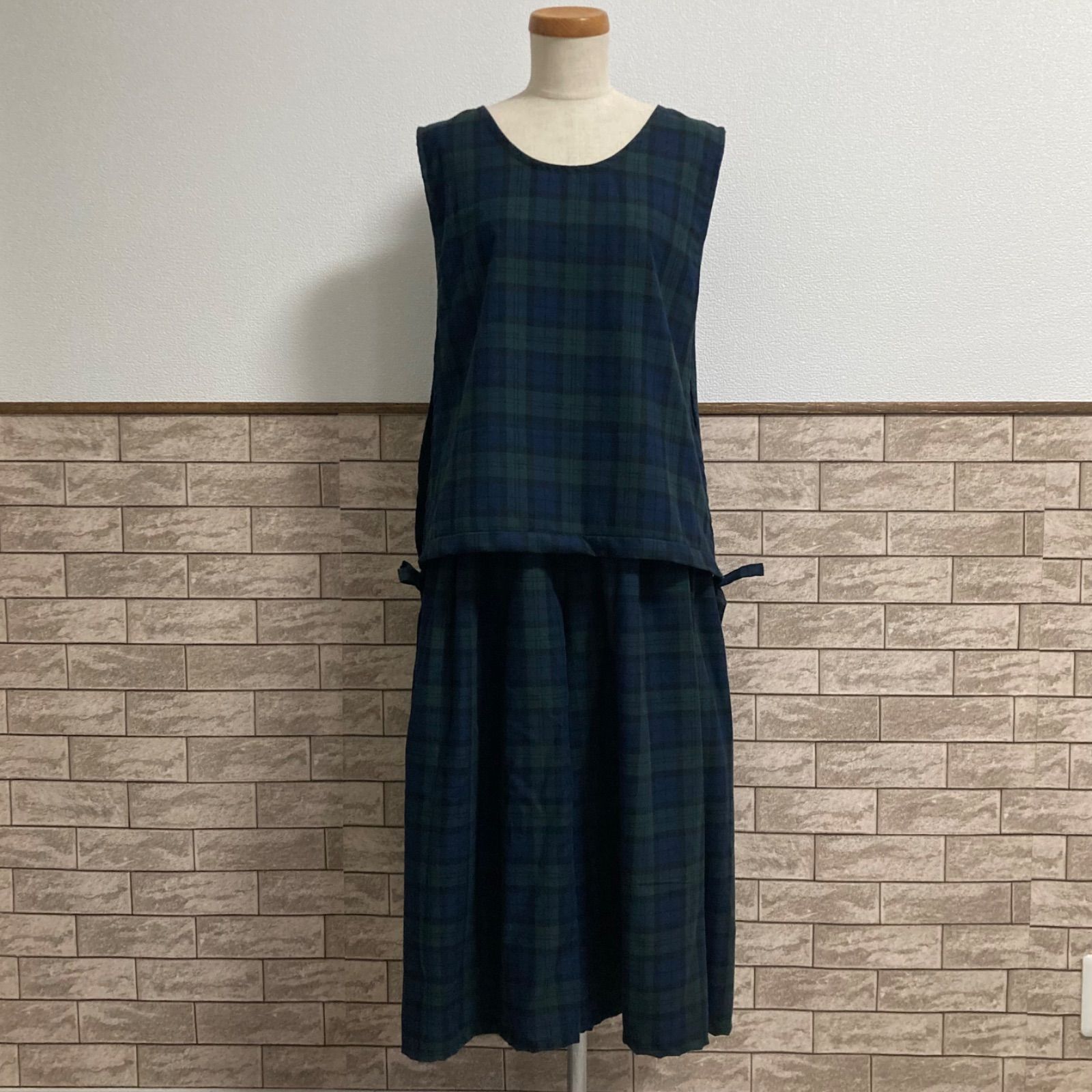 起毛生地▷サイドリボンベスト＆ギャザーパンツ セットアップ ブラックウォッチ