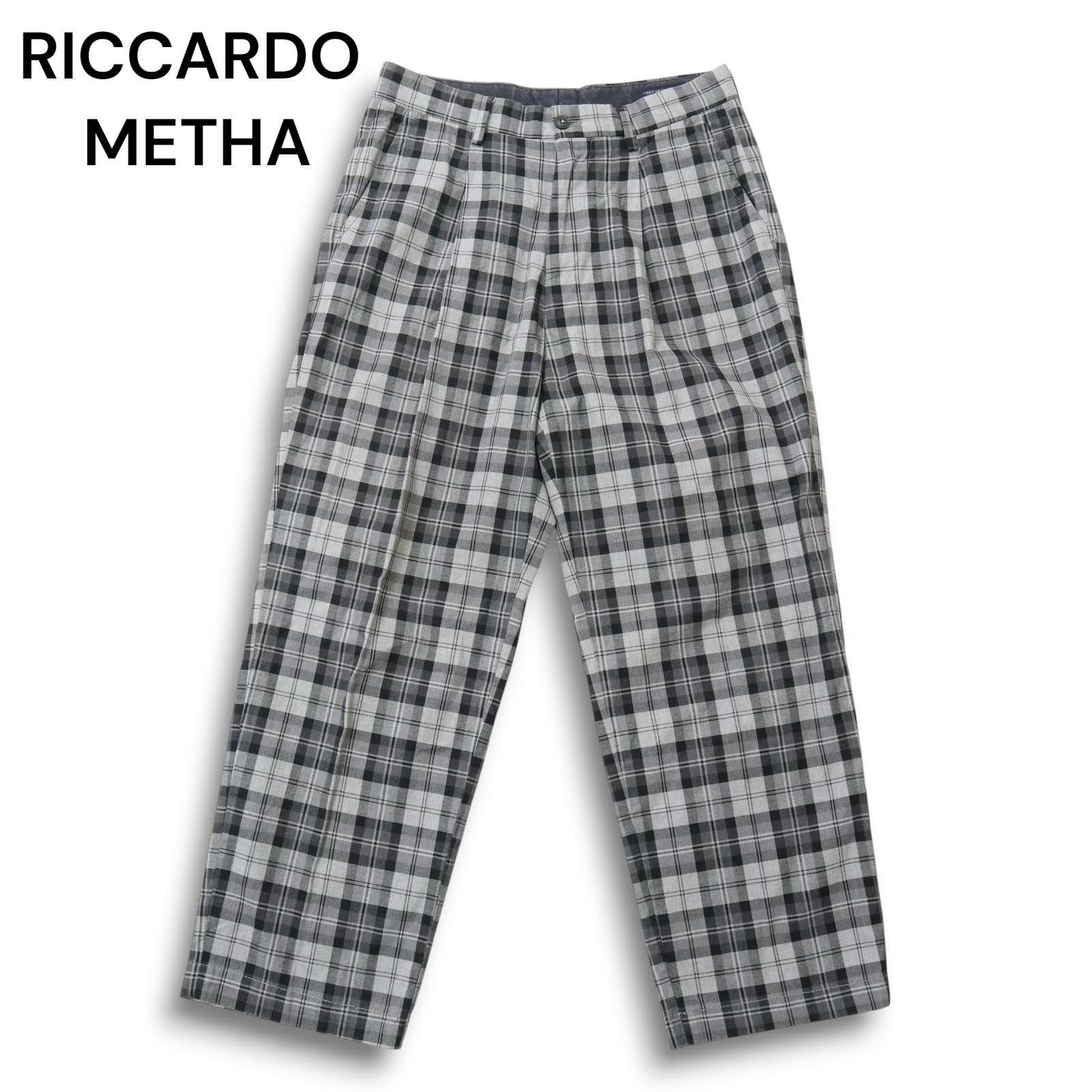 イタリア製 RICCARDO METHA リカルドメッサ 通年 ストレッチ チェック柄 テーパード スラックス パンツ Sz.46 メンズ 灰