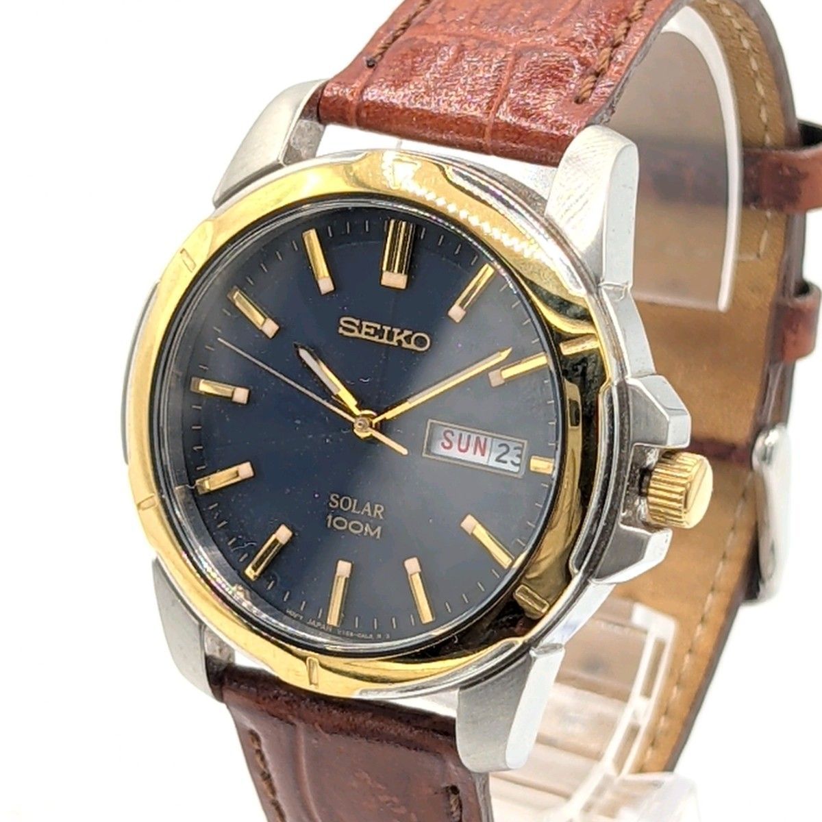 SEIKO V158-0AD0 Watch Solar Round Silver Gold Day-Date Y2K 00S 