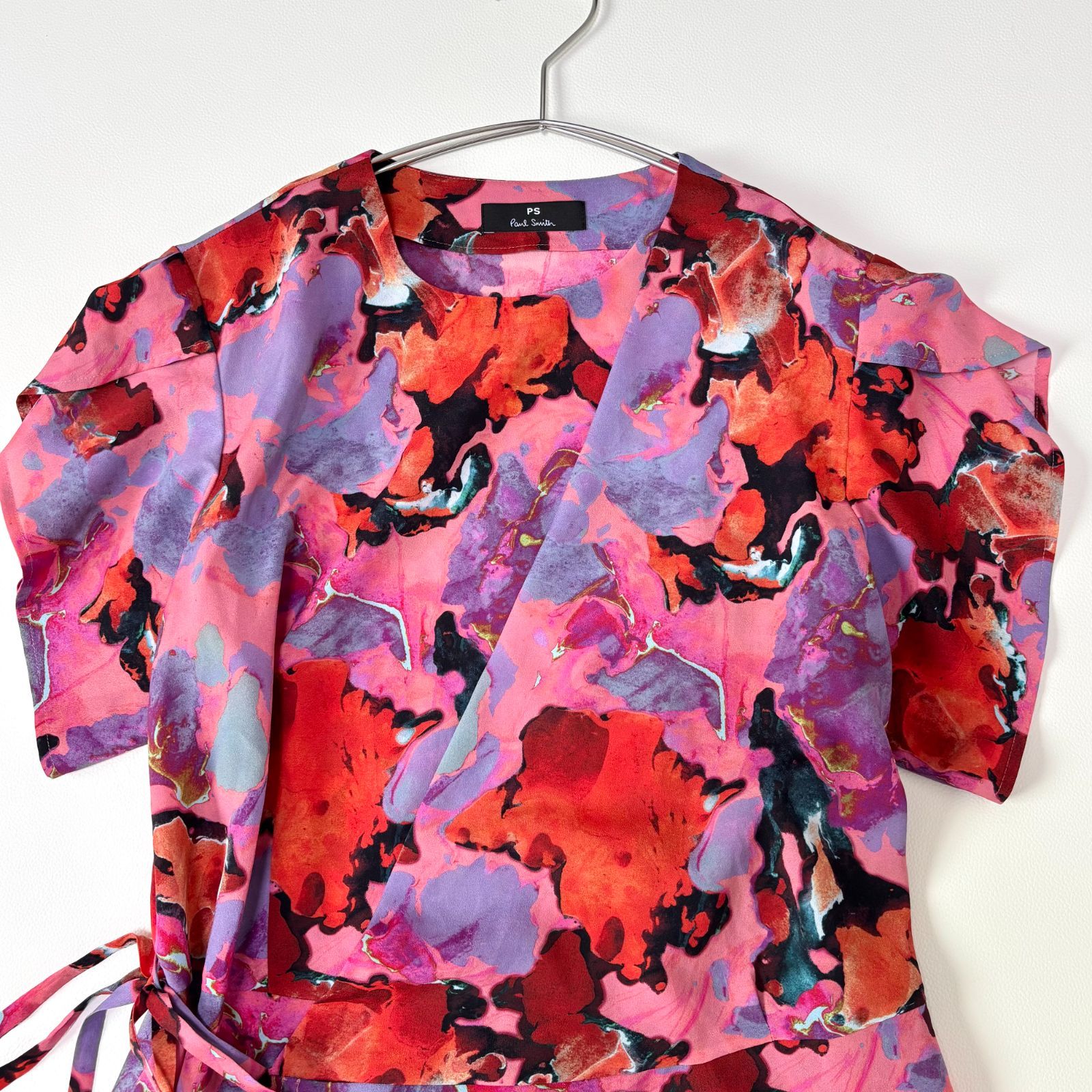 美品✨PSポールスミス ウッドブロックロングワンピース とろみ 総柄 ピンク40 ポールスミス PS Paul Smith 総柄ワンピース 40 ピンク系 美品 アート