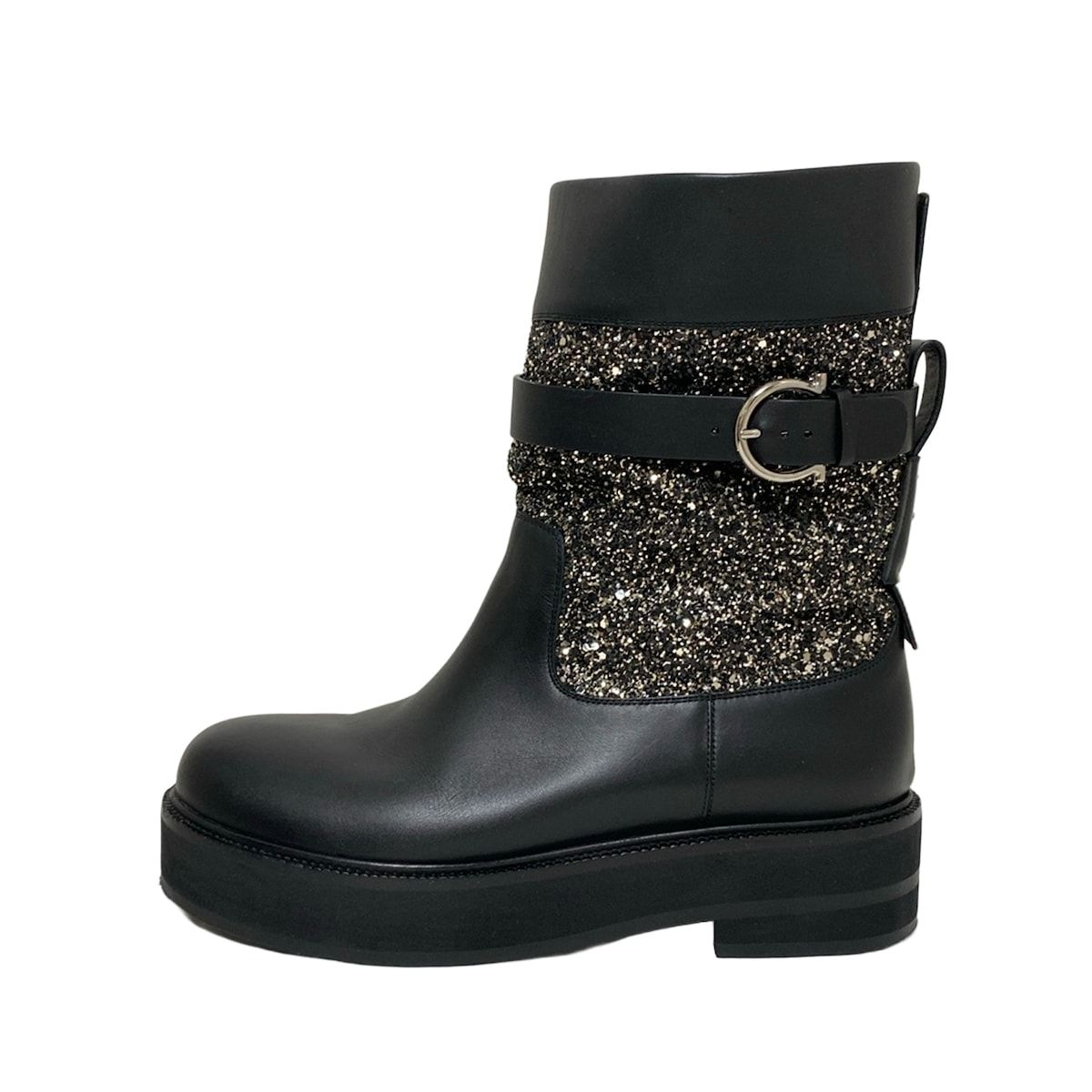 SalvatoreFerragamo サルバトーレフェラガモ ショートブーツ 6 1 2 C レディース - 黒×シルバー ガンチーニ レザー