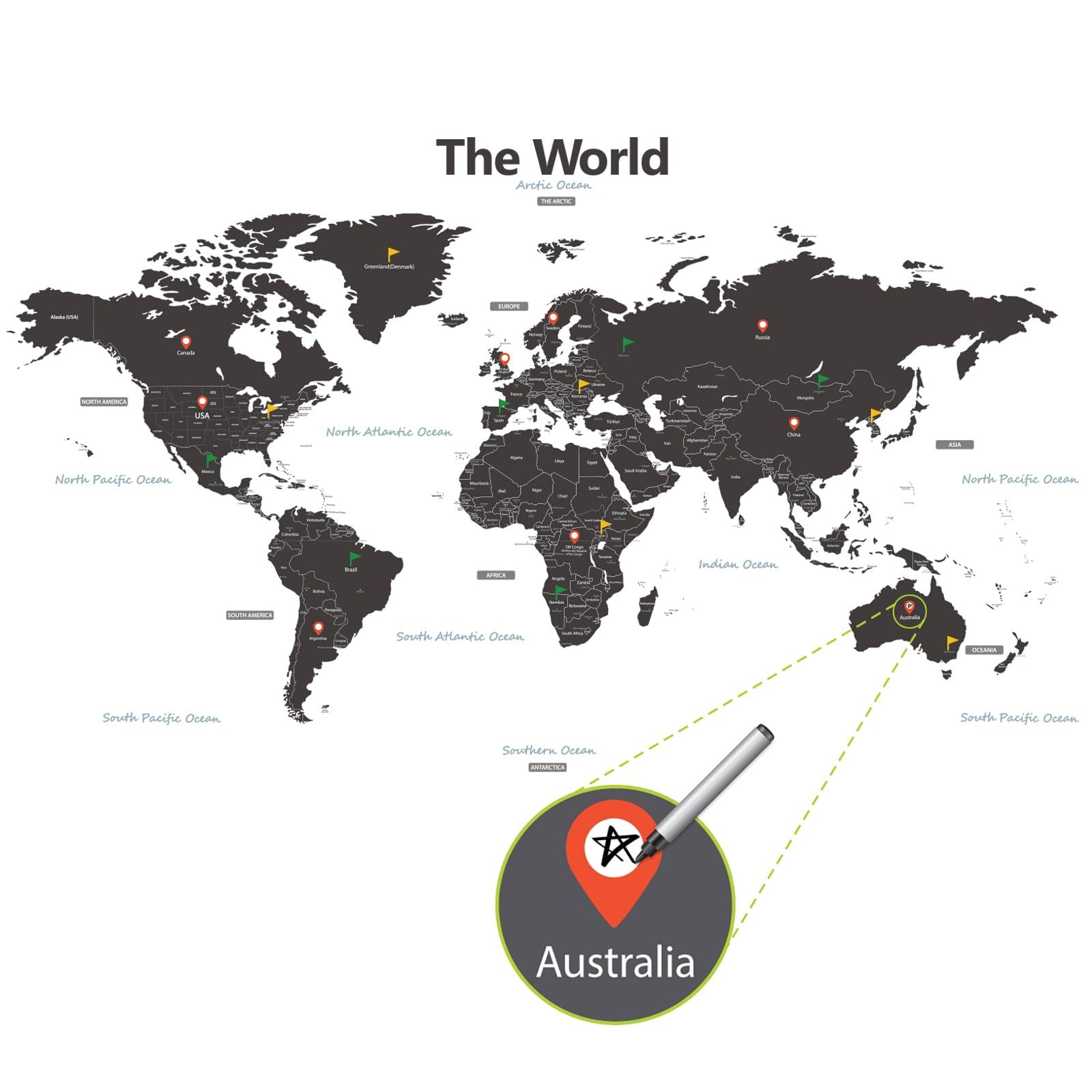 DECOWALL DL3-1609G 特大 モダングレー 世界地図 ウォール ステッカー (164x90 cm) デコ 幼稚園 保育園 子供部屋  DIY 用 壁転写 シール ウォールアート シール 男の子 女の子 13代 こども バスルーム デコレーション…, image size:1600x1600