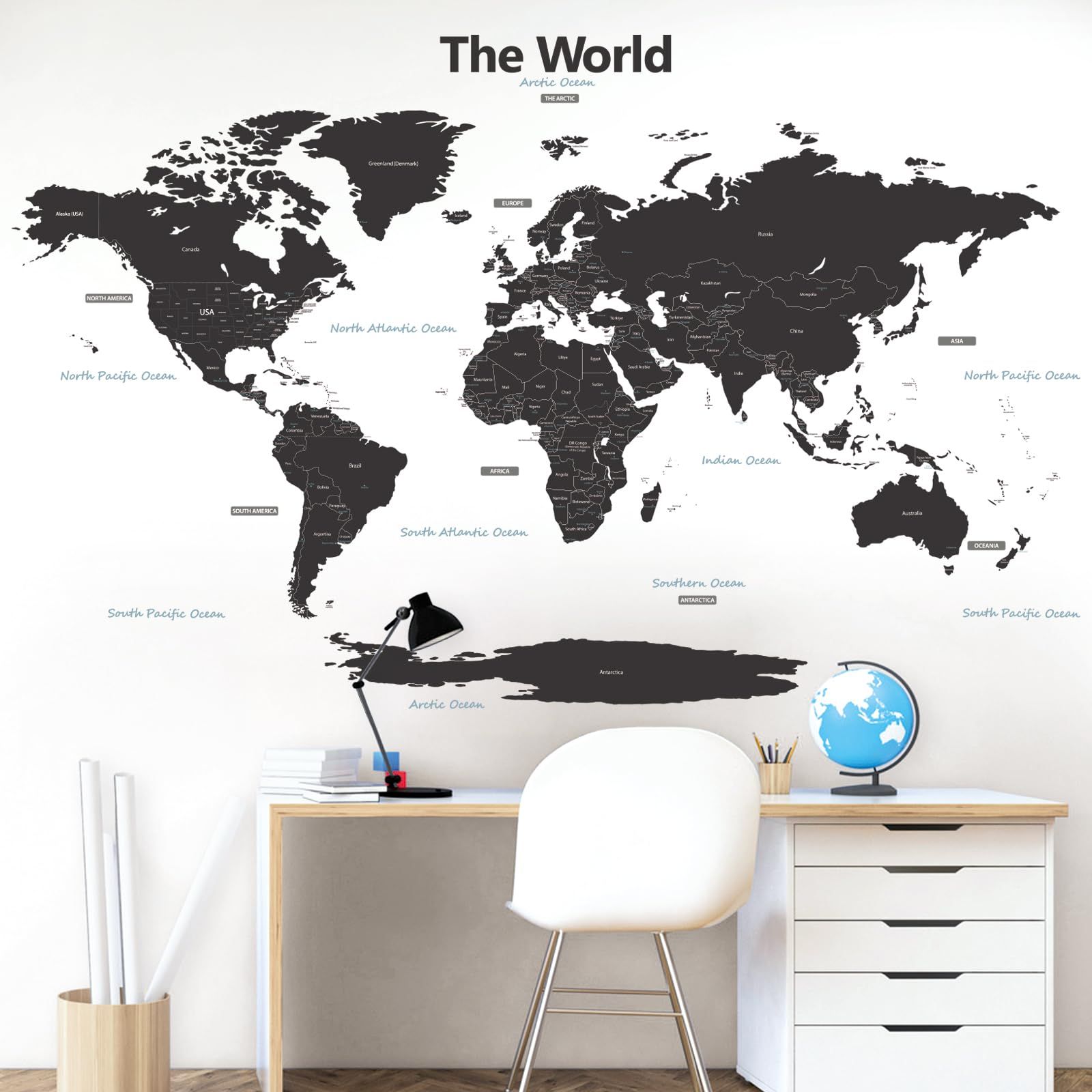 DECOWALL DL3-1609G 特大 モダングレー 世界地図 ウォール ステッカー (164x90 cm) デコ 幼稚園 保育園 子供部屋  DIY 用 壁転写 シール ウォールアート シール 男の子 女の子 13代 こども バスルーム デコレーション…, image size:1600x1600