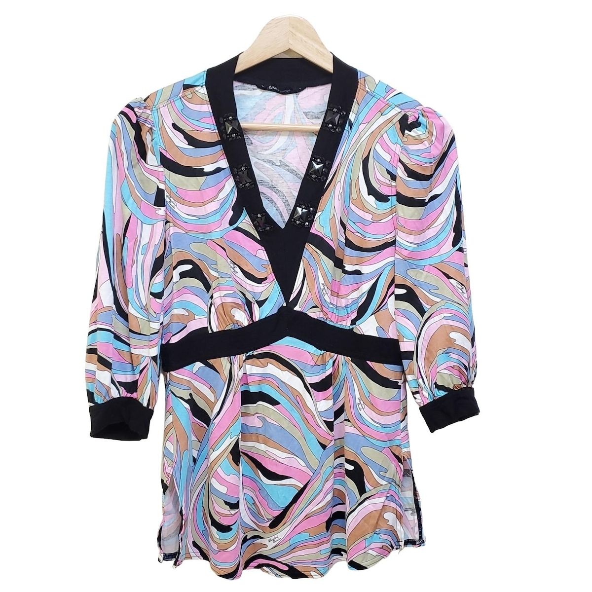 伊太利屋 イタリヤ チュニック サイズ11 M レディース - 黒×ライトピンク×マルチ Vネック 七分袖 ビジュー ビーズ