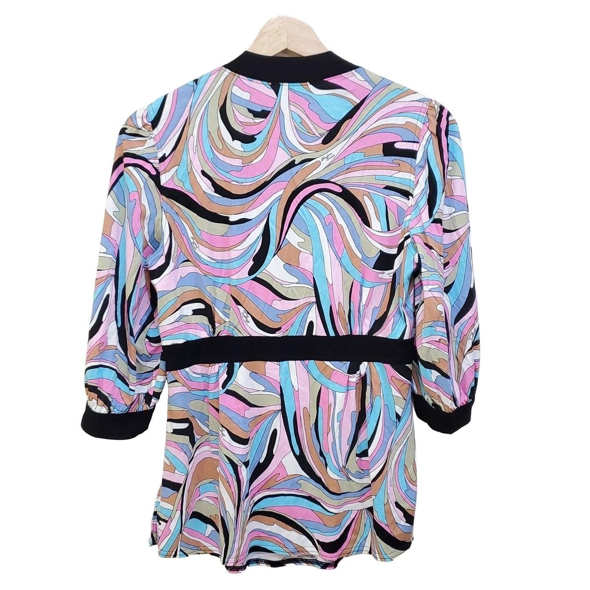 伊太利屋 イタリヤ チュニック サイズ11 M レディース - 黒×ライトピンク×マルチ Vネック 七分袖 ビジュー ビーズ