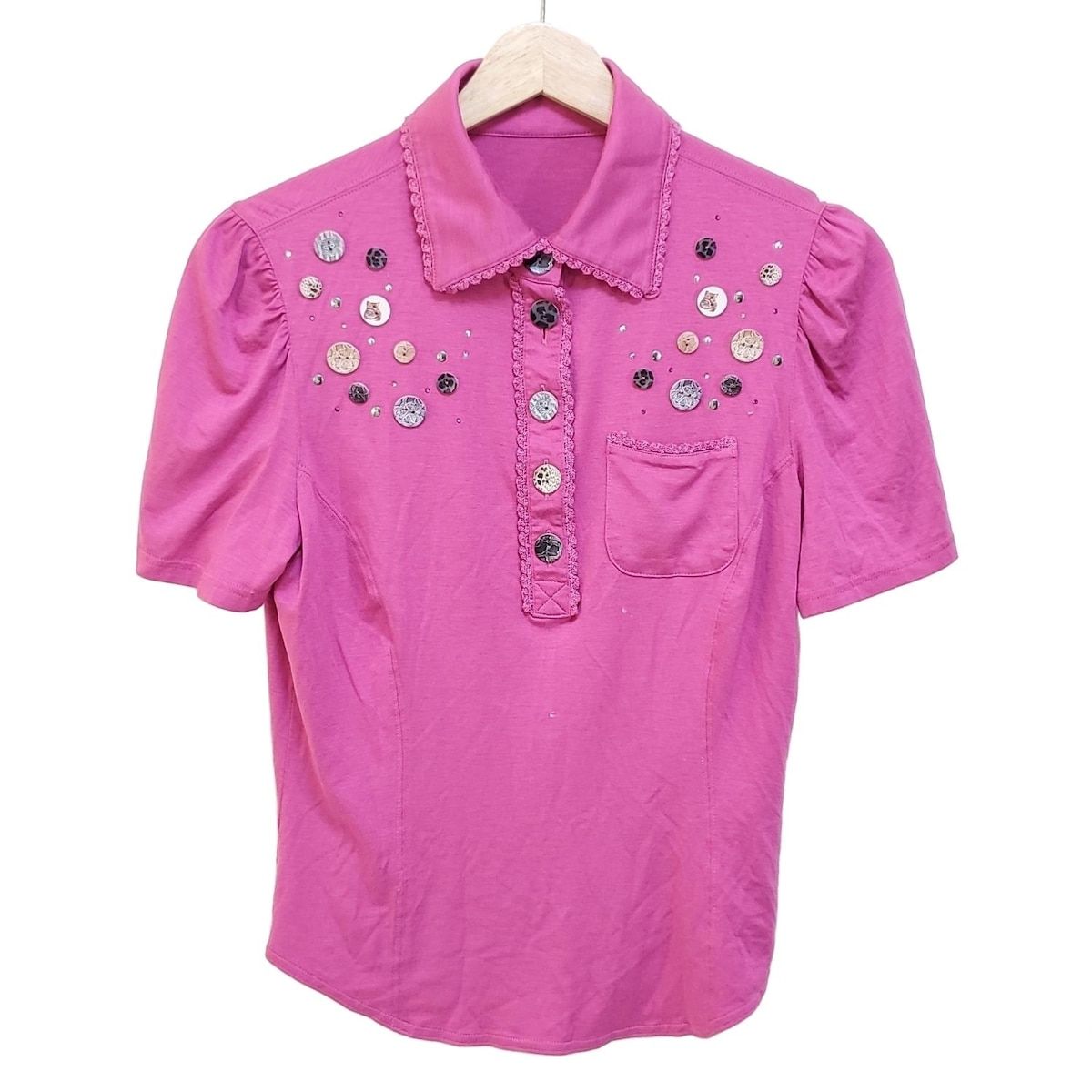 伊太利屋 イタリヤ 半袖ポロシャツ サイズ9 M レディース - ピンク ボタン スタッズ ラインストーン
