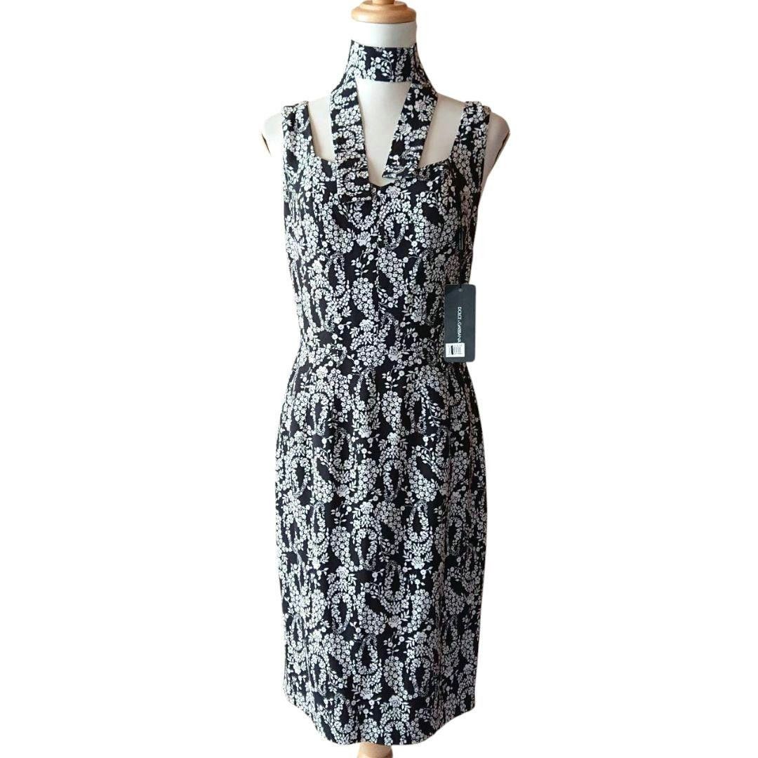 新品タグ付き ドルチェ&ガッバーナ 花柄 フラワー ハートカット シルク ノースリーブ ワンピース スヌード付き モノトーン ドレス オケージョン パーティ リゾート