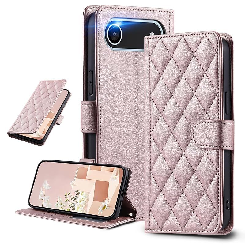 UnivoColors iPhone Airに対応 手帳型ケースキルティグレザー調 エレガント 高質PU マグネット開閉式 カード収納機能 スタンド機能 液晶全面保護 レンズ保護 ストラップ付属(ゴールドピンク)