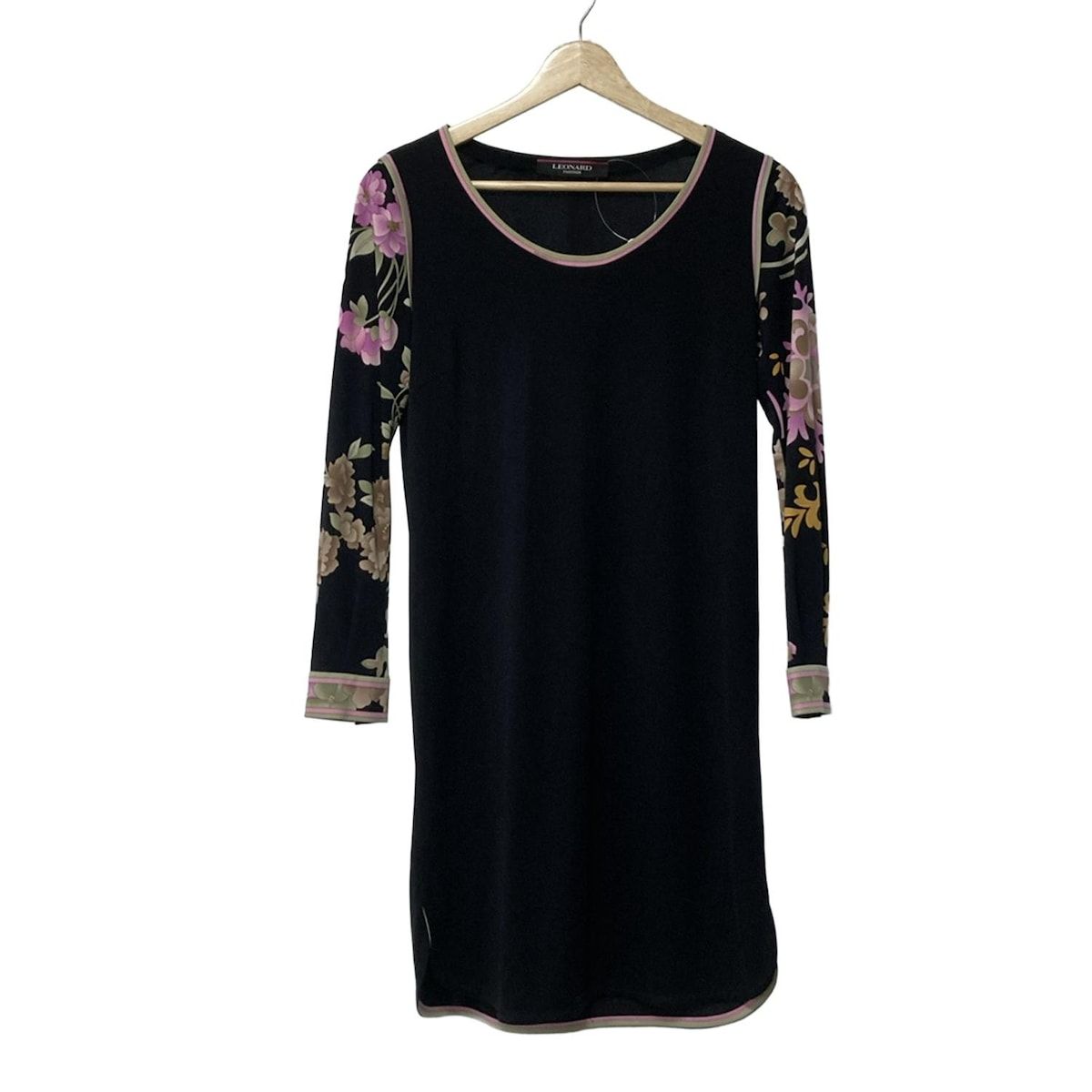 LEONARD レオナール ワンピース サイズ1 S レディース 黒 ピンク マルチ カンカン素材 花柄