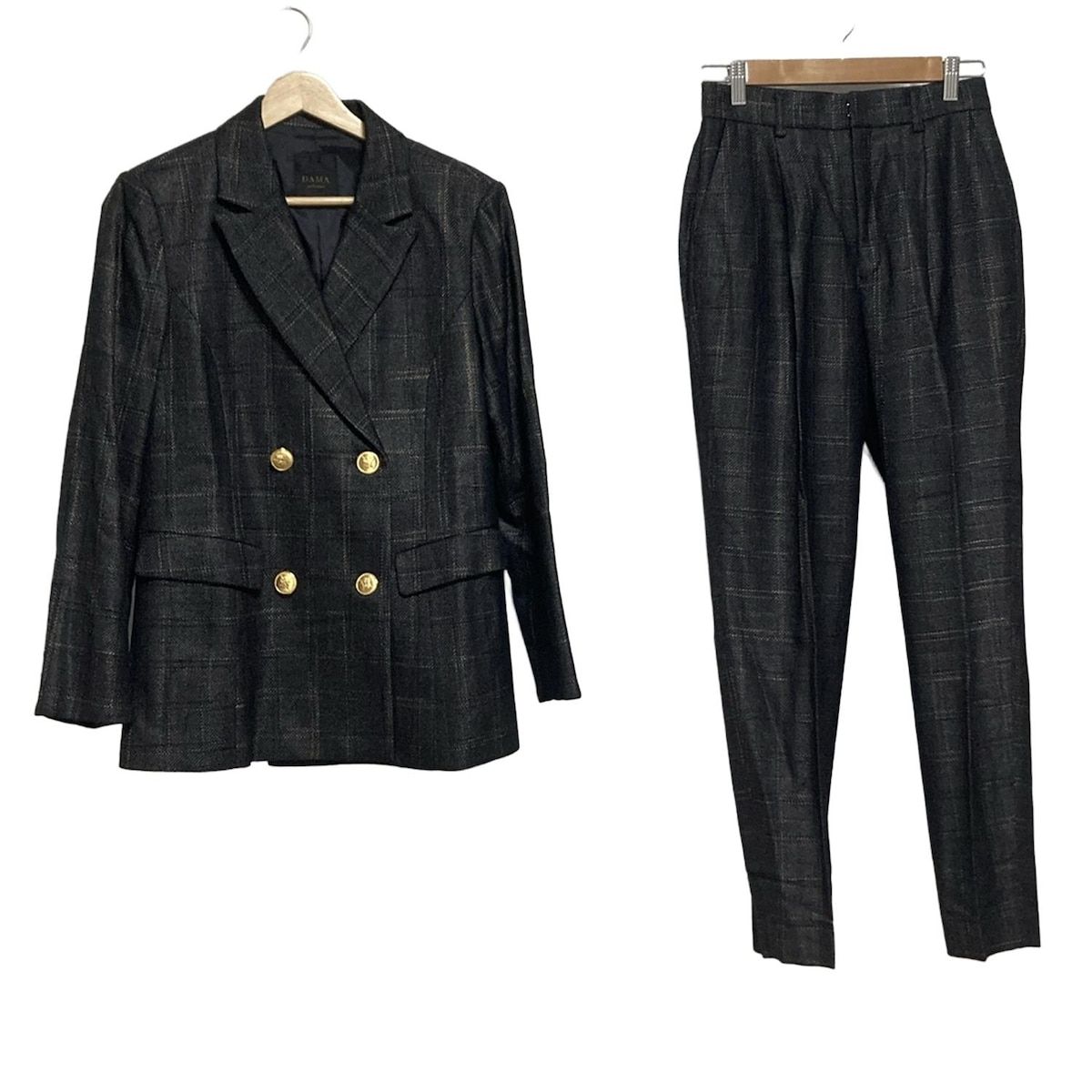 DAMAcollection ダーマコレクション レディースパンツスーツ レディース - 黒×ダークグレー×マルチ ダブル|肩パッド|チェック柄