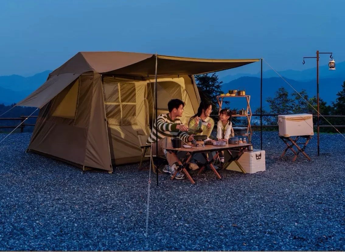 大型 ワンタッチテント 6-8人用 ロッジ型テント 小部屋テント パークテントキャンプテント 一体型 自立式 2つの前室 前室ポール付き 設営簡単