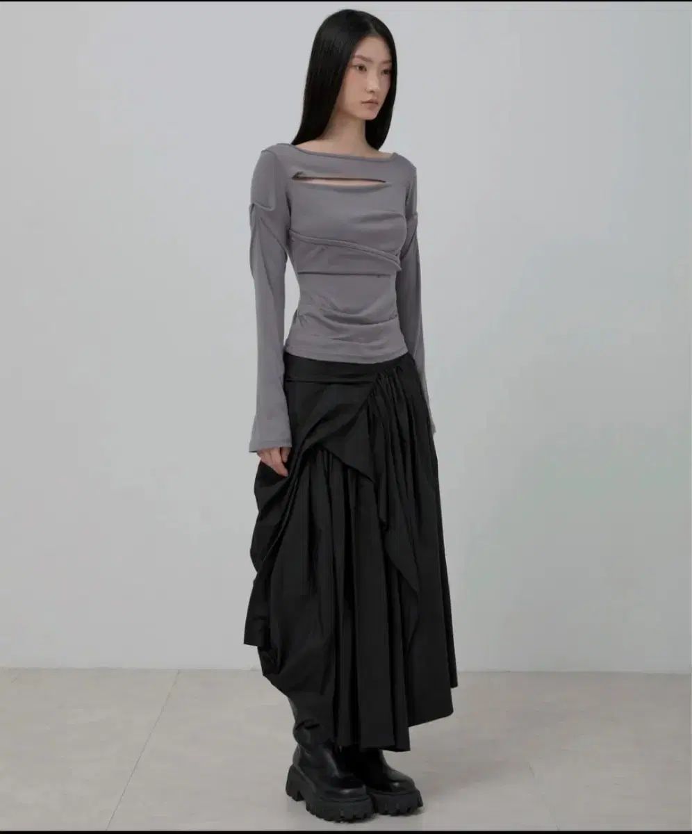 フ アップ ドレープ レイヤード ロング丈スカート ブラック