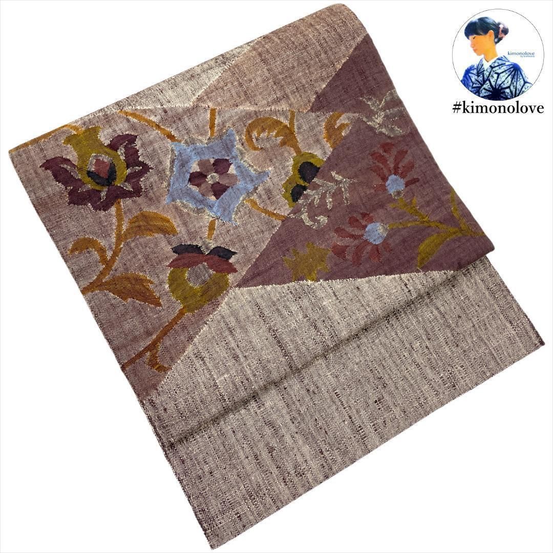 名古屋帯 紬 開き仕立て 三越誂製 正絹 すくい織 切嵌取り 花更紗 グレージュ 着物 kimonolove リユース品 オゾン消臭サービス AO 0530