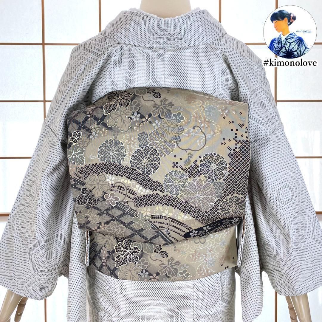 染名古屋帯 正絹 金銀彩 流水 草花 グレージュ 大きいサイズ 着物 kimonolove リユース品 オゾン消臭サービス AO-0531