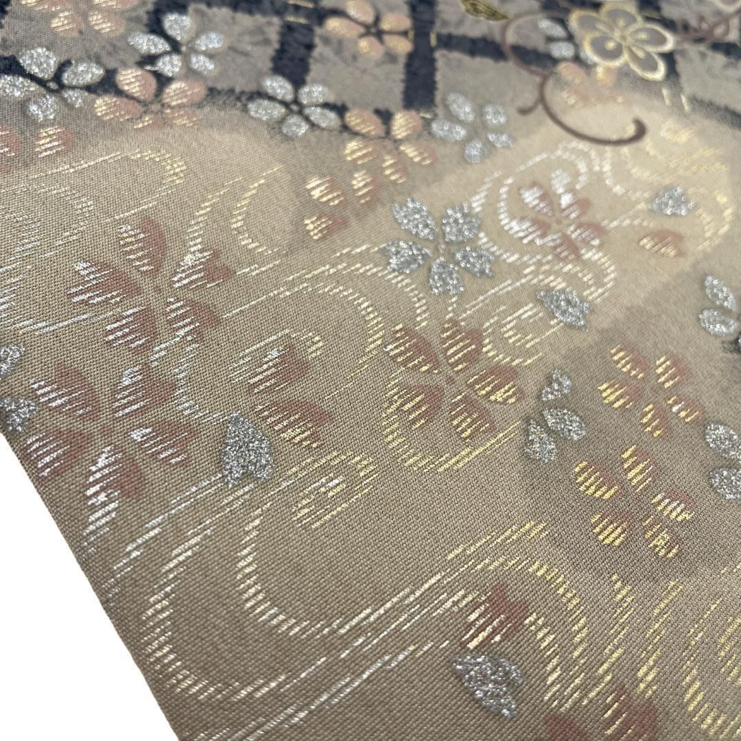  染名古屋帯 正絹 金銀彩 流水 草花 グレージュ 大きいサイズ 着物 kimonolove リユース品 オゾン消臭サービス AO-0531 名古屋帯 帯