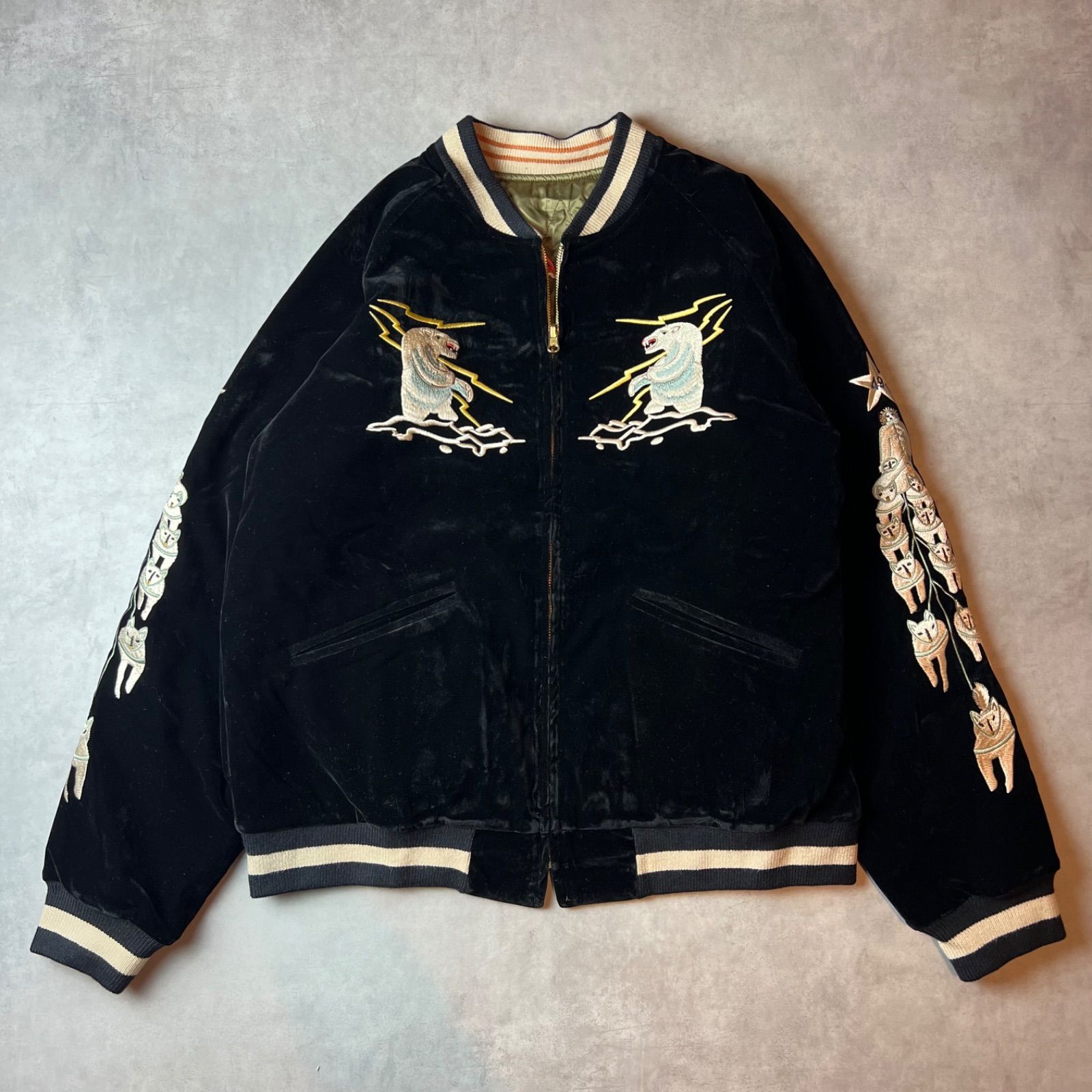 スカジャン スーベニアジャケット リバーシブル 別珍 キルティング ベロア ブラック 黒 オリーブ アメカジ ミリタリー ワーク 刺繍