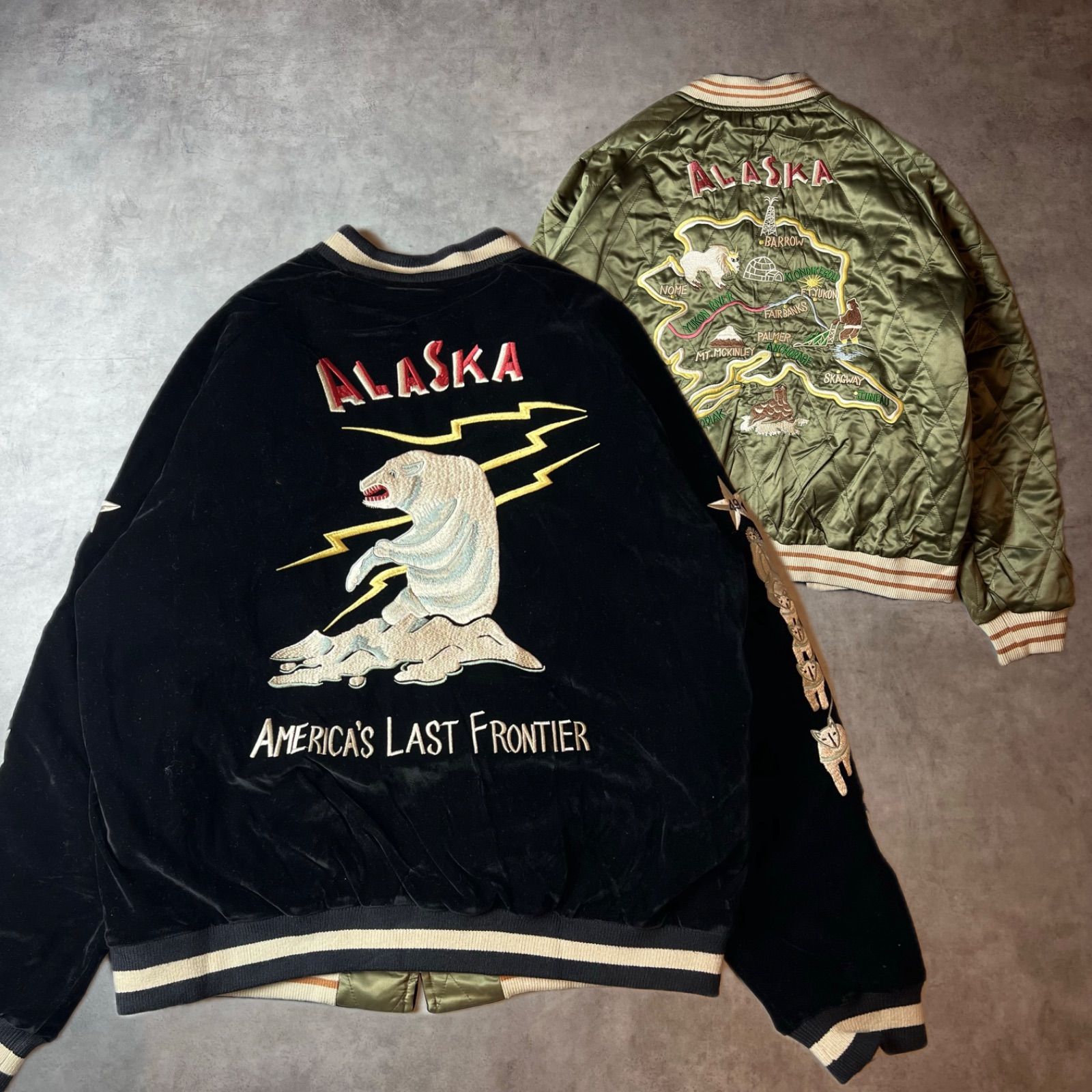 ? ♥? スカジャン スーベニアジャケット リバーシブル 別珍 キルティング ベロア ブラック 黒 オリーブ アメカジ ミリタリー ワーク 刺繍