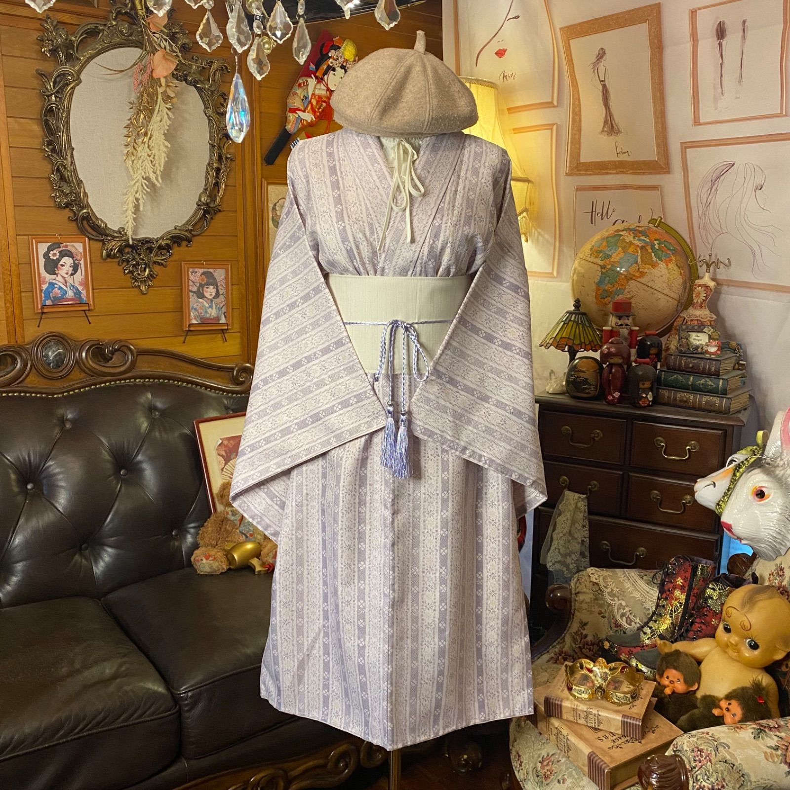 着物リメイク ワンピース ドレス 洗える 化繊 帯サッシュベルト 和洋折衷 レトロ 古着 ハンドメイド 淡い藤色と 縞 が織りなす KW-1069