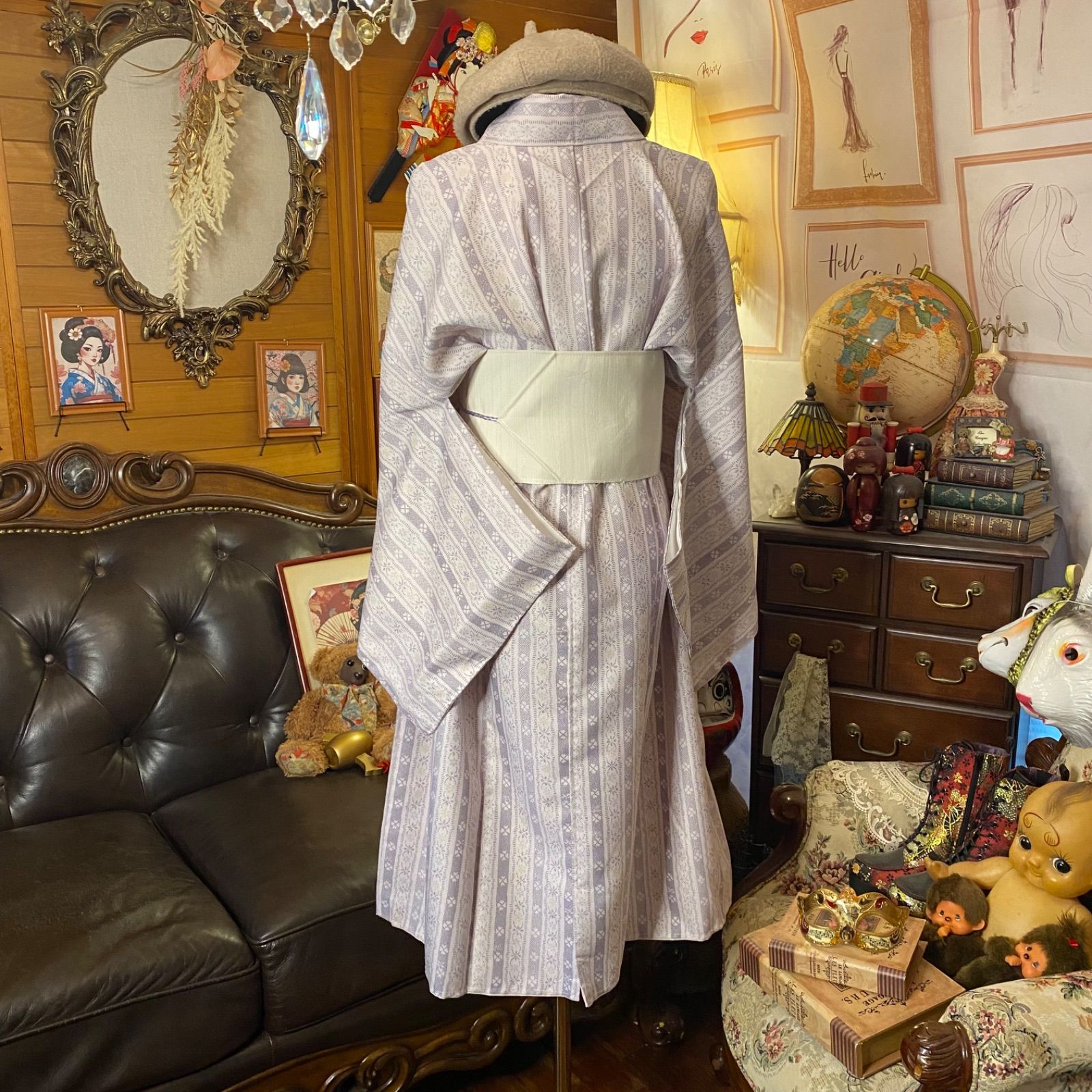  着物リメイク ワンピース ドレス 洗える 化繊 帯サッシュベルト 和洋折衷 レトロ 古着 ハンドメイド 淡い藤色と 縞 が織りなす KW-1069 ワンピース チュニック ファッション