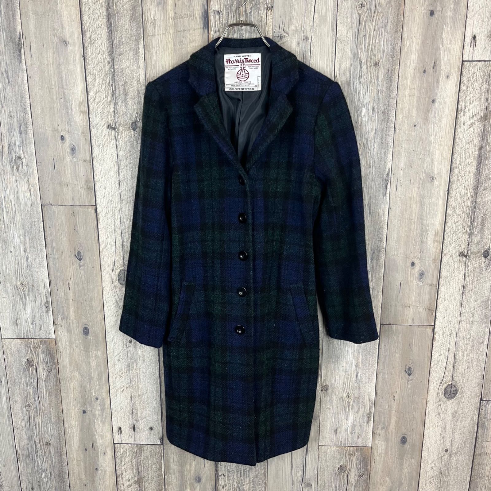 【美品】Harris Tweed チェック チェスターコート ウール XL Harris Tweed ハリス ツィード ウール チェック ロングコート