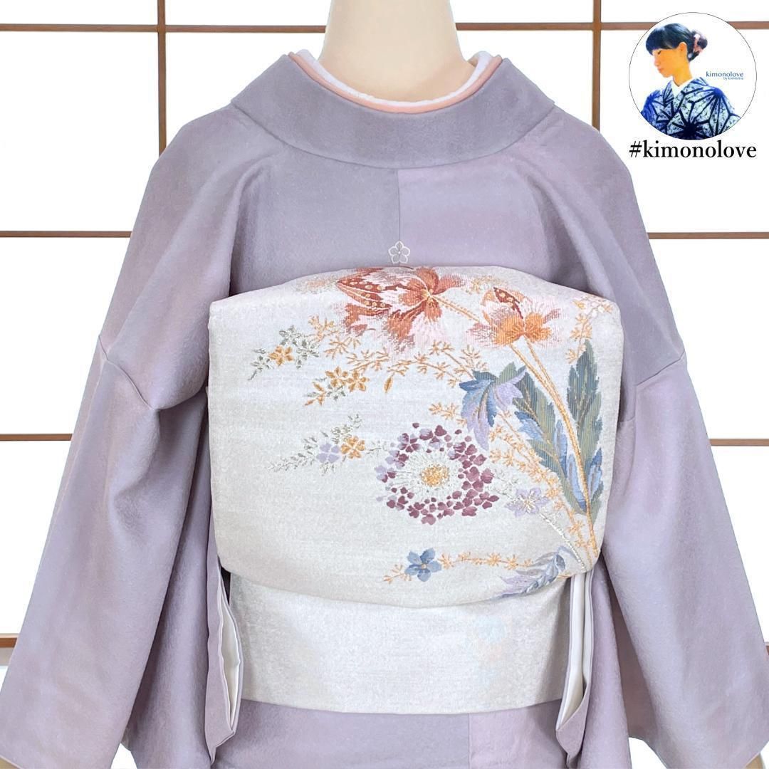 名古屋帯 つづれ帯 正絹 銀糸 草花柄 シルバー フォーマル着物 kimonolove リユース品 オゾン消臭サービス AO 0433