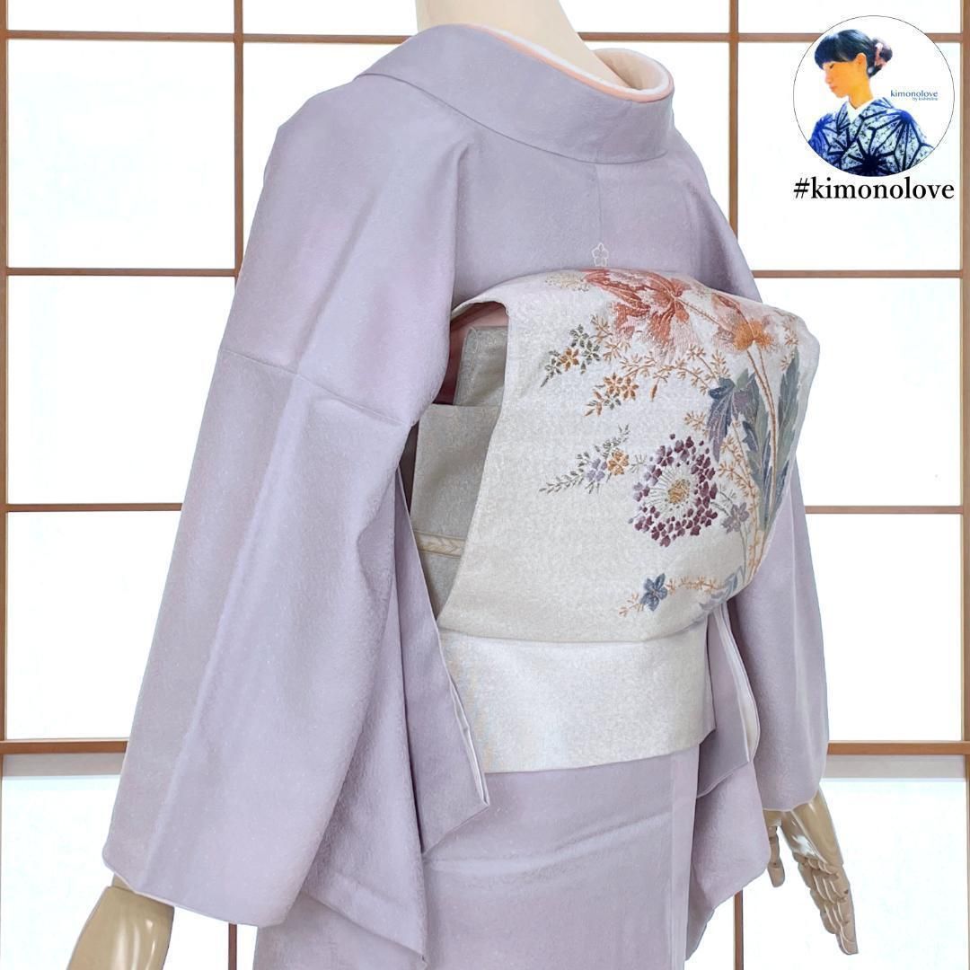 名古屋帯 つづれ帯 正絹 銀糸 草花柄 シルバー フォーマル着物 kimonolove リユース品 オゾン消臭サービス AO 0433