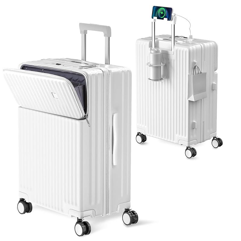 Ashard キャリーケース スーツケース ストッパー付き Type C と USBポート付き フロントオープン ジッパー キャリーバッグ 携帯スタンド カップホルダー付き 隠しフック機能 超軽量 耐衝撃 静音 360度回転キャスター 0