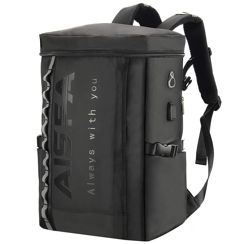 AISFA リュック メンズ リュックサック スクエア バックパック 防水17インチ PC ビジネス ラップトップバック USB充電ポート付き 30 L アウトドア旅行防災 通勤 底部ポケットがないタイプ ブラック 1