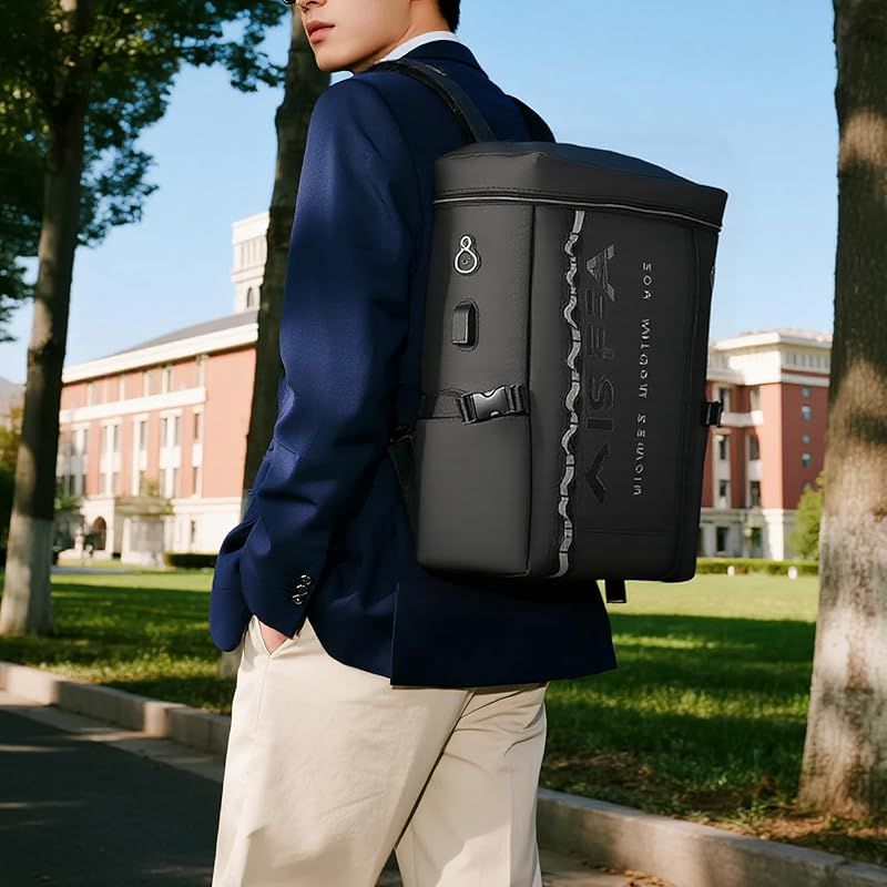 AISFA リュック メンズ リュックサック スクエア バックパック 防水17インチ PC ビジネス ラップトップバック USB充電ポート付き 30 L アウトドア旅行防災 通勤 底部ポケットがないタイプ ブラック 1