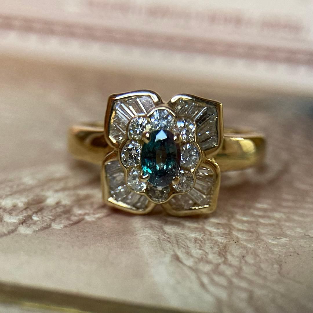 商談中 k 18 フラワーデザイン 天然アレキサンドライト ダイヤモンド 指輪 リング