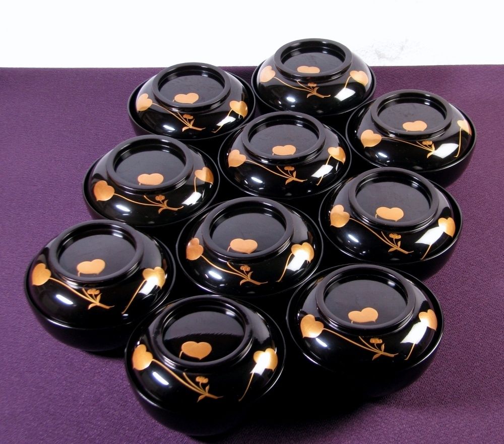 時代 木製吸物椀10客 くす玉蒔絵 No 1 幅 12 8 cm 25 k 058