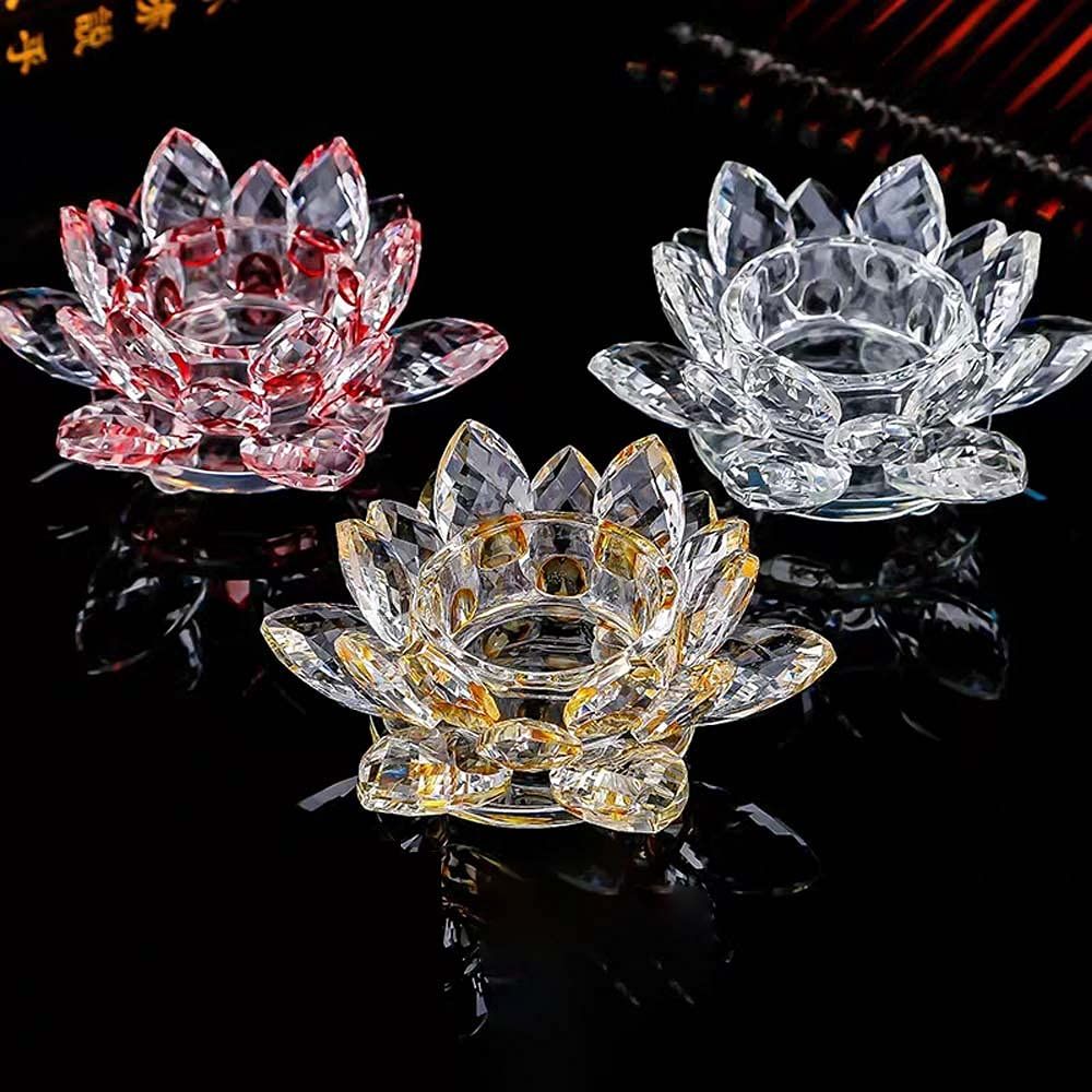クリスタルガラス 蓮 ロータス クリスタル ローソク立て ガラス 置物