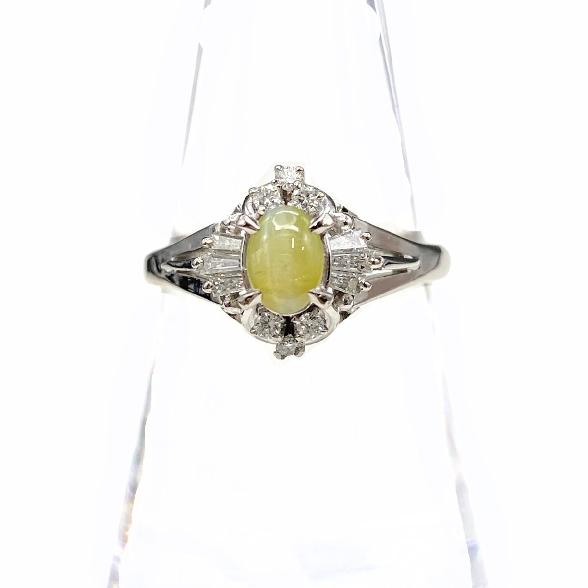 クリソベリルキャッツアイ デザインリング プラチナ メレダイヤ 指輪 リング 15.5号 Pt 900 ダイヤモンド レディース