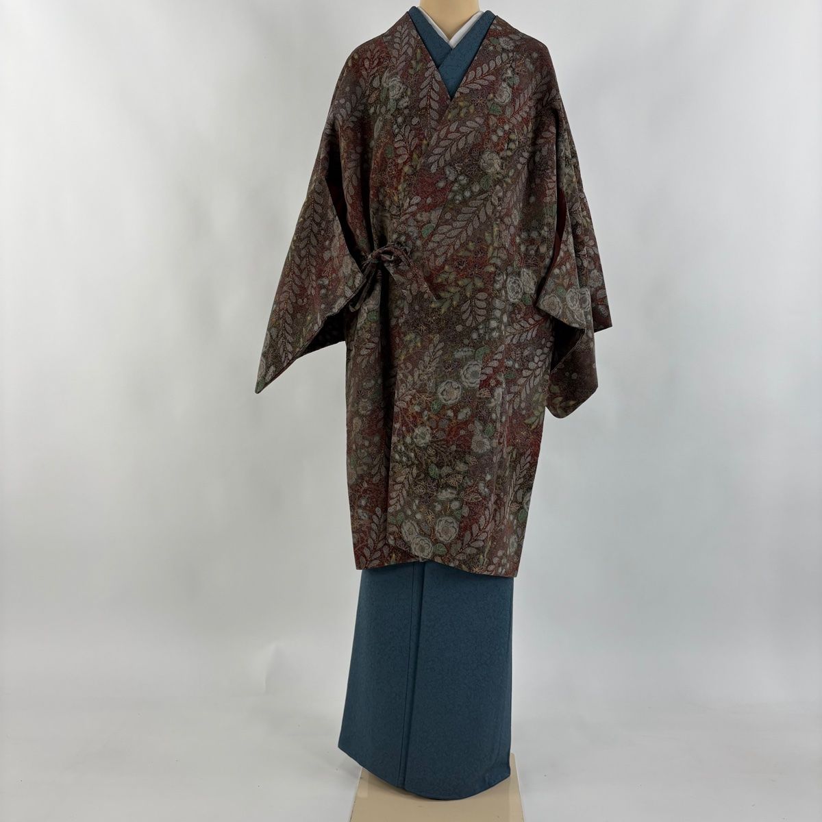 道中着 身丈103.5 cm 裄丈66.5 M 和装コート 草花 金糸 金彩 赤茶 正絹