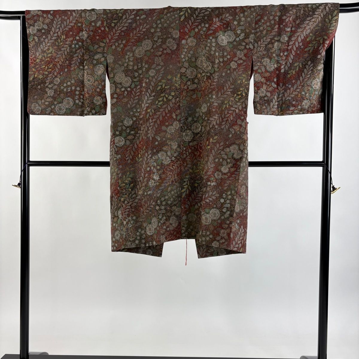 道中着 身丈103.5 cm 裄丈66.5 M 和装コート 草花 金糸 金彩 赤茶 正絹