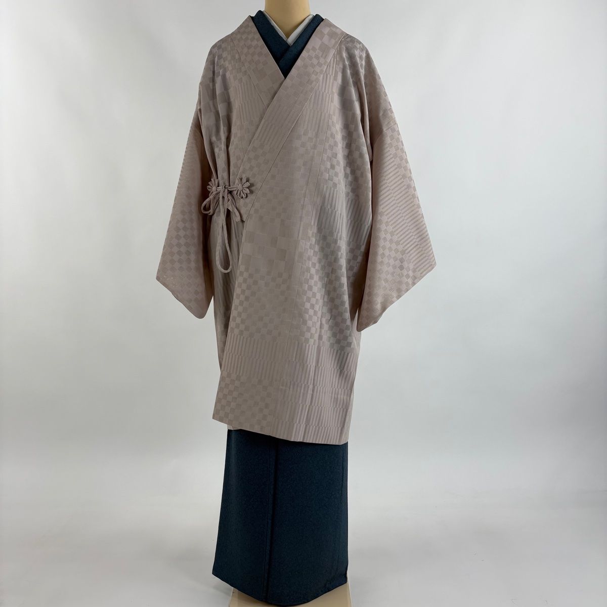道中着 身丈103 cm 裄丈67.5 L 和装コート 着物衿 紗 市松 縞 ピンクベージュ 正絹
