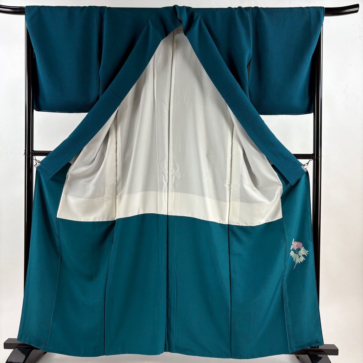 美品】 色無地 身丈162.2cm 裄丈67cm M 袷 地紋 青緑 正絹 優品 一つ紋