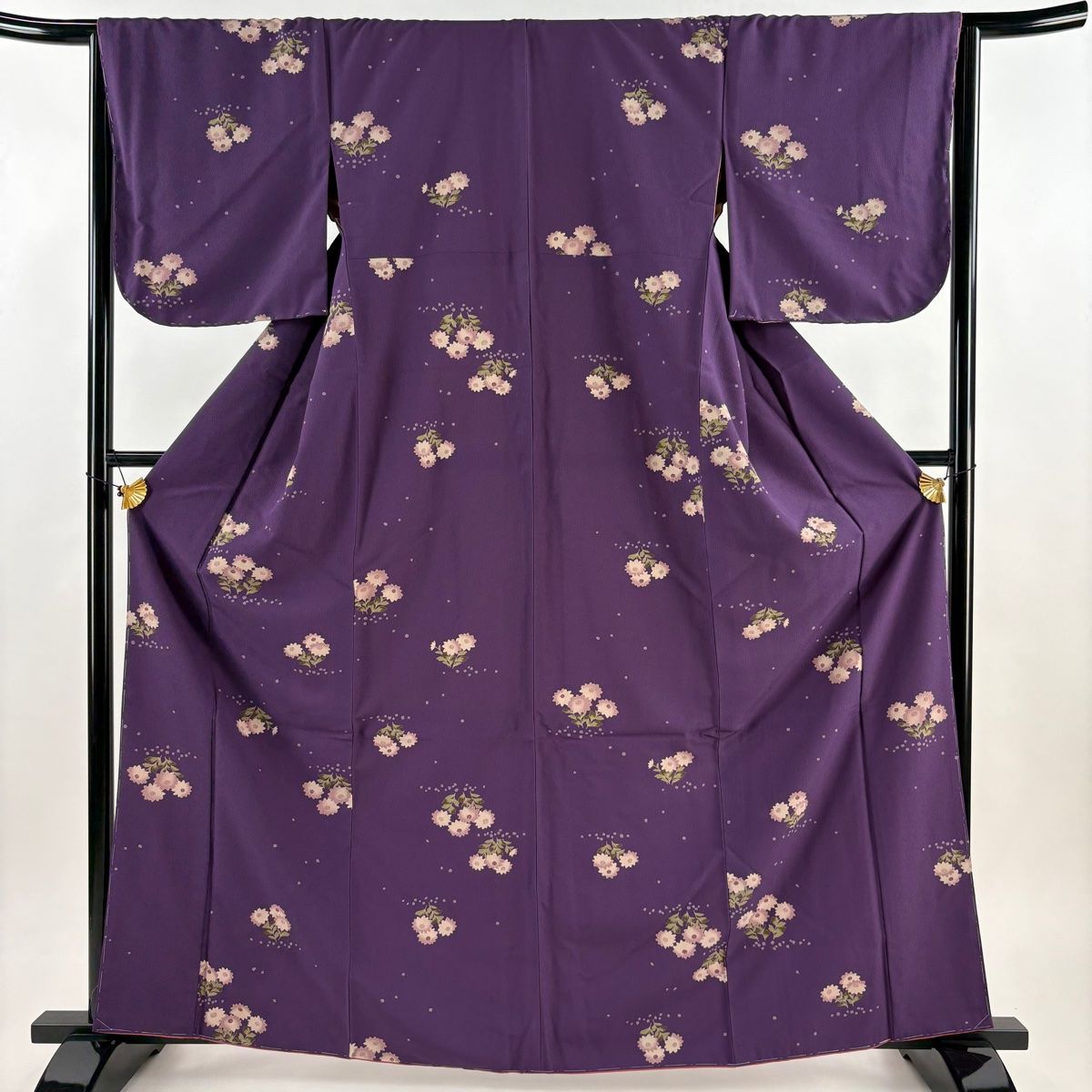 小紋 身丈164cm 裄丈66cm M 袷 洗える着物 草花 紫 化繊 優品 【中古