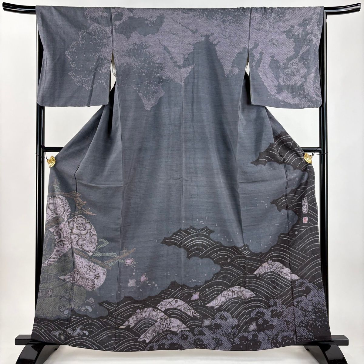 訪問着 身丈162 cm 裄丈66 5 M 袷 大脇一心 紬地 落款 辻が花 波 灰色 正絹