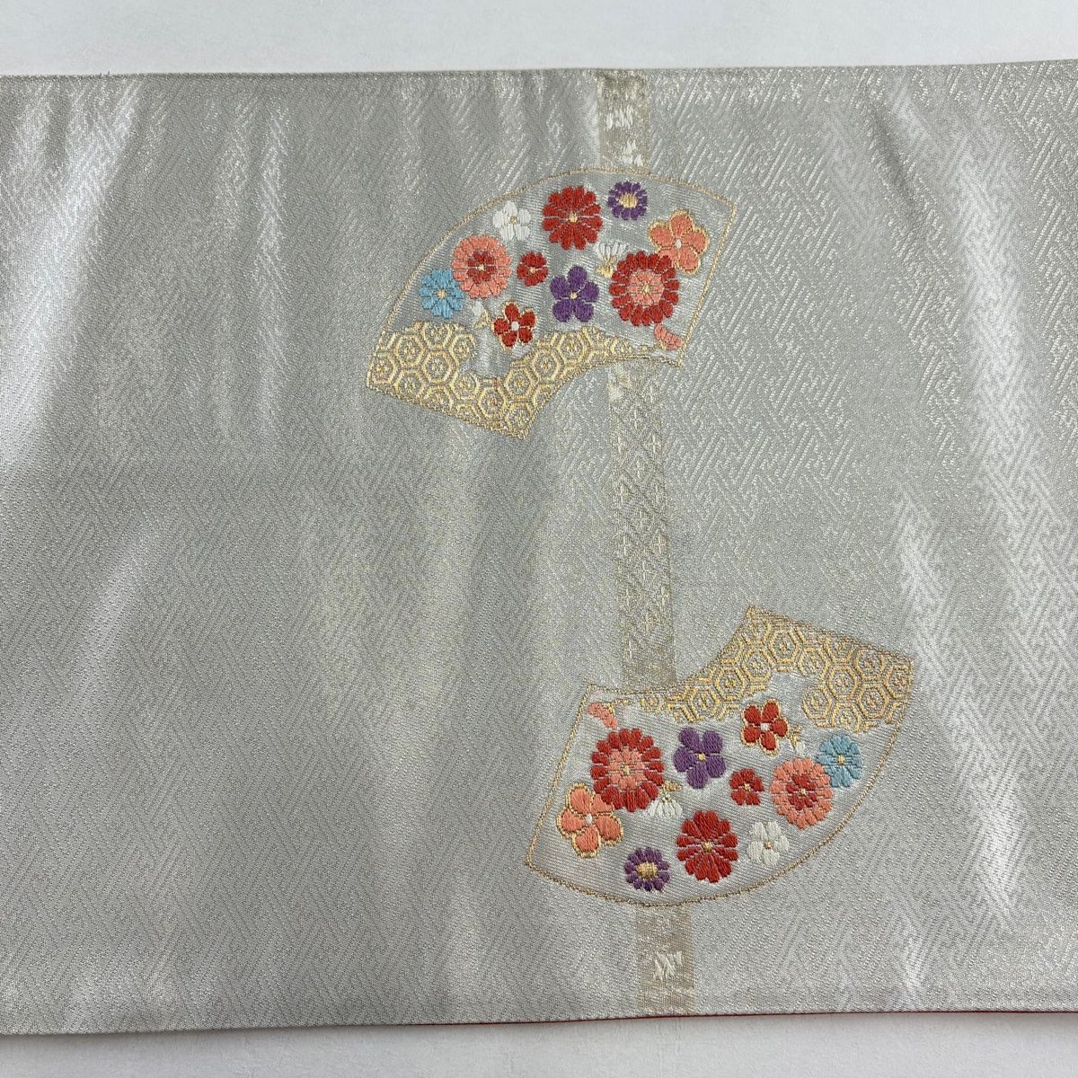 美品】 袋名古屋帯 優品 扇面 草花 刺繍 金銀糸 銀色 正絹 【中古