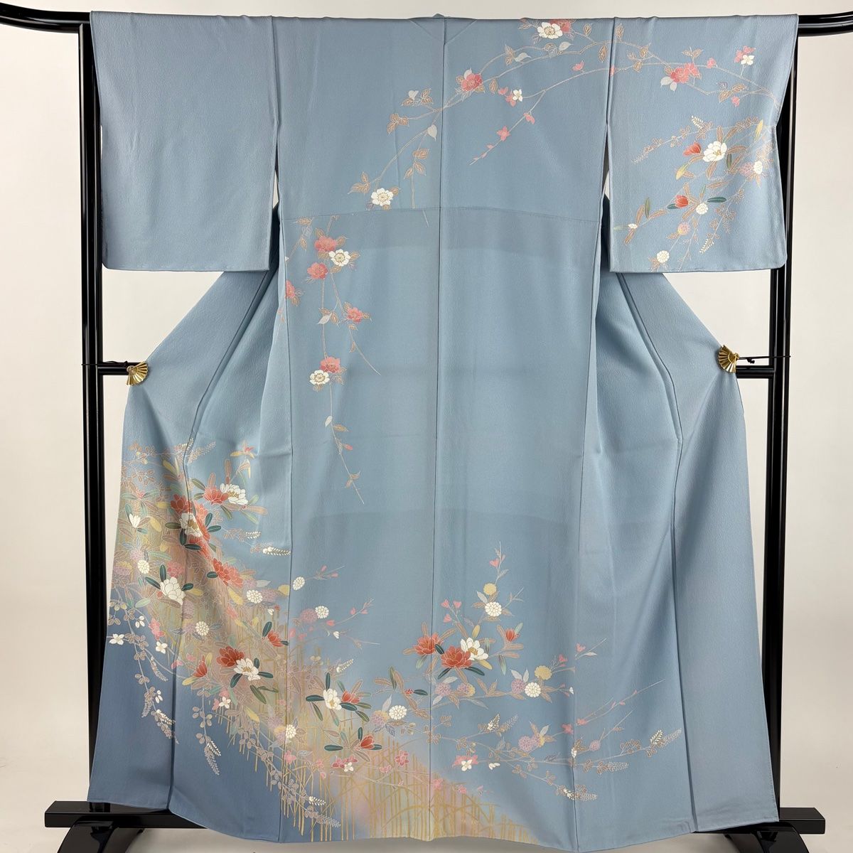 訪問着 身丈160.5cm 裄丈66cm M 袷 草花 金彩 ぼかし 水色 正絹 秀品