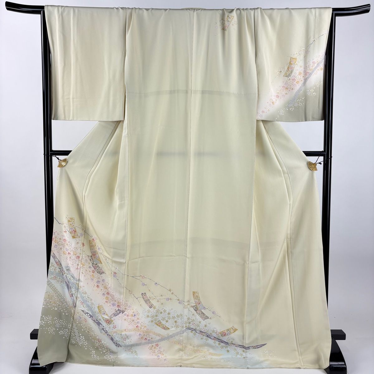 訪問着 身丈176 cm 裄丈72 L 袷 桜 短冊 金糸 金彩 クリーム 正絹 秀品