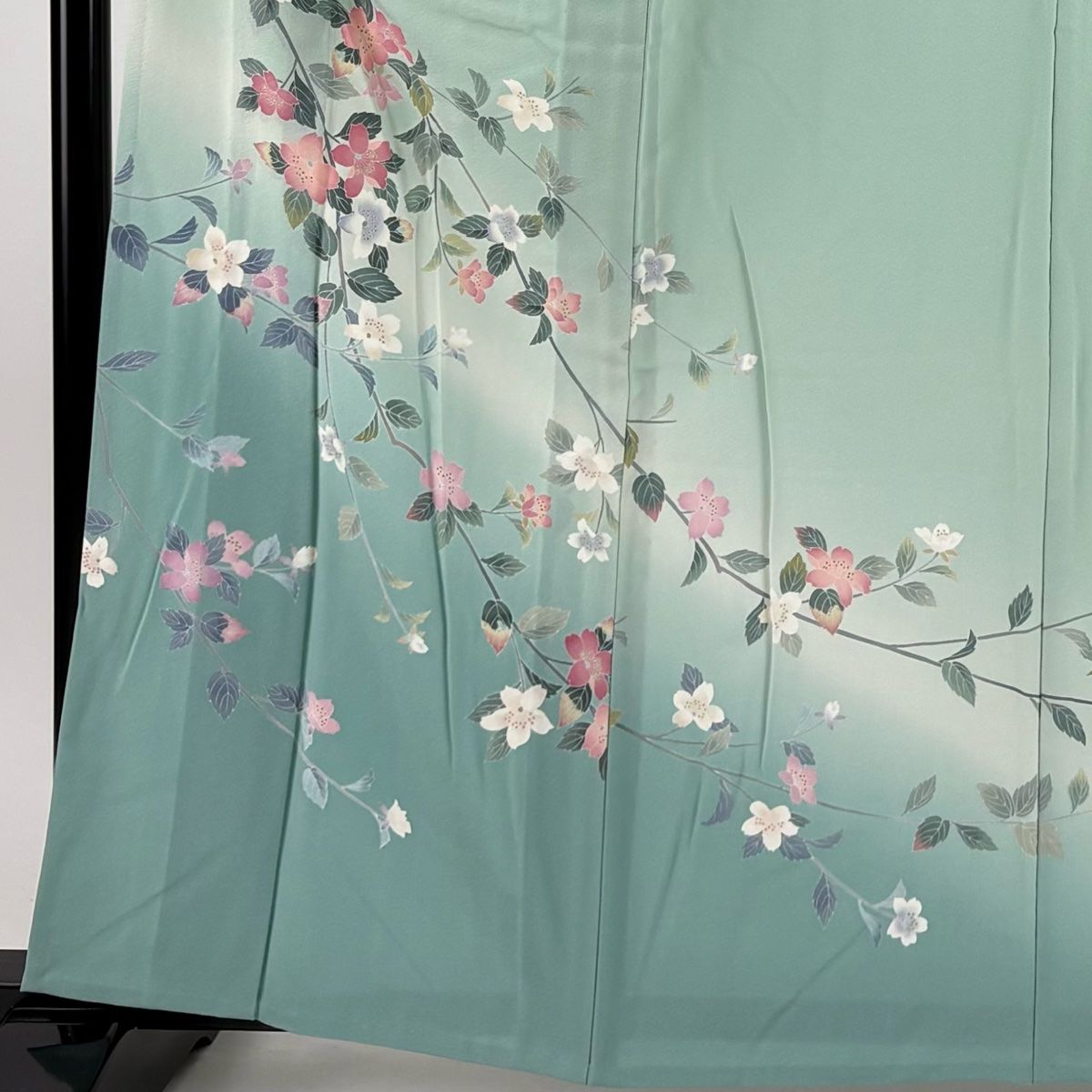 訪問着 身丈162 5 cm 裄丈66 M 単衣 落款 枝花 ぼかし 薄緑 正絹 秀品