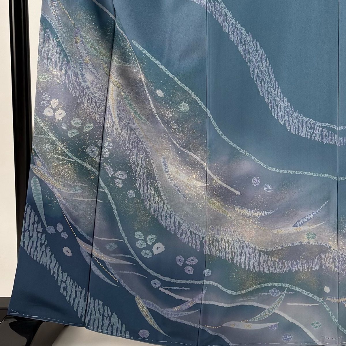 訪問着 身丈164 5 cm 裄丈66 M 袷 葉柄 流水 金糸 金彩 青灰色 正絹 秀品