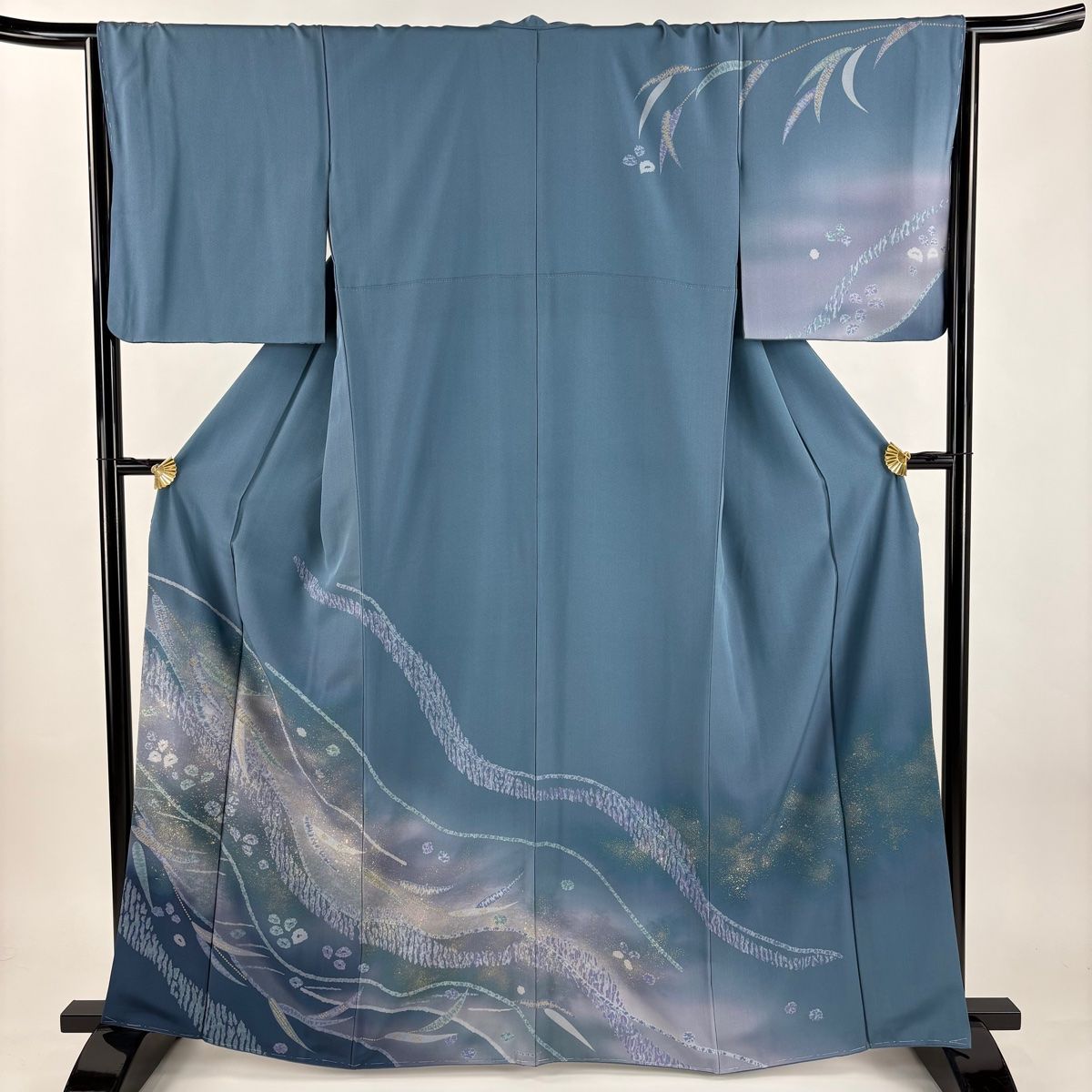 訪問着 身丈164.5 cm 裄丈66 M 袷 葉柄 流水 金糸 金彩 青灰色 正絹 秀品